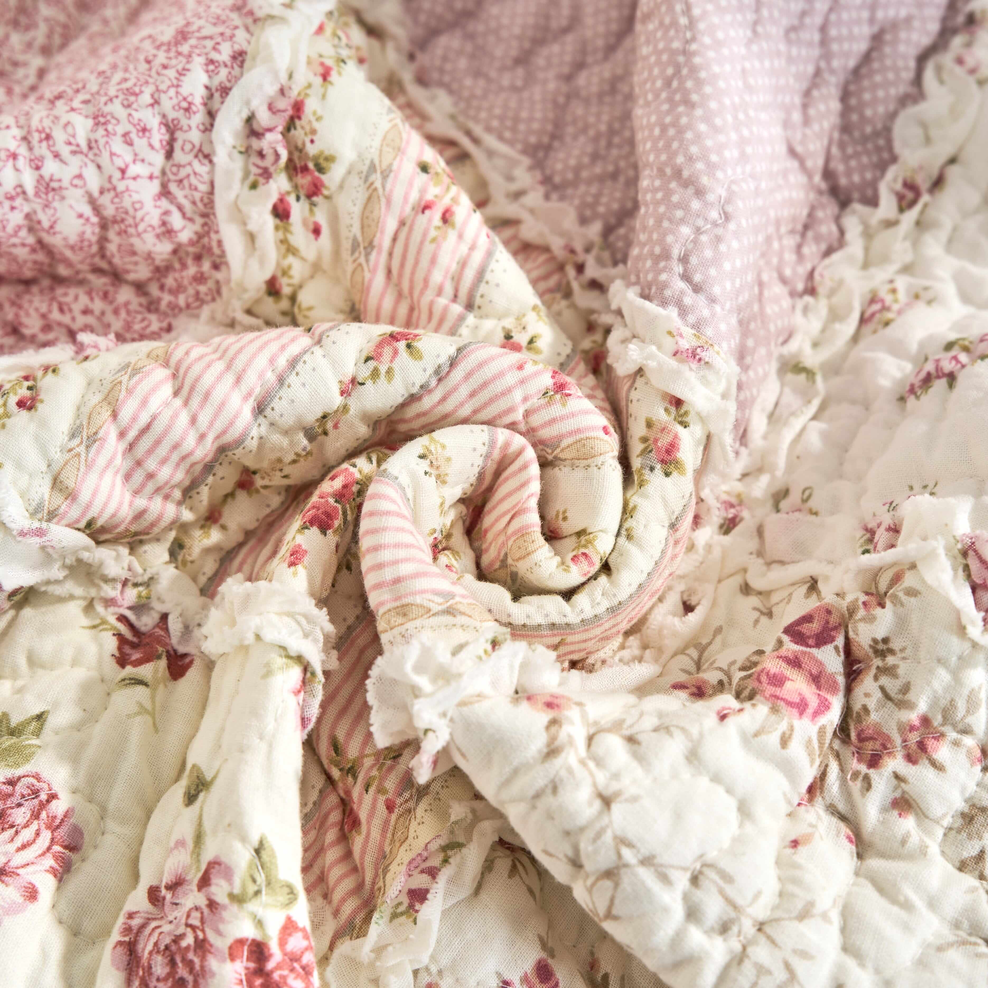 DaDalogy Cotton Patchwork Throw Blanket - Floral Cottage Quilted Reversible Blush Pink & Cream Shabby Chic Botanical Ruffle Design - Vintage Garden Rose Pastel Accents - 50 x 60