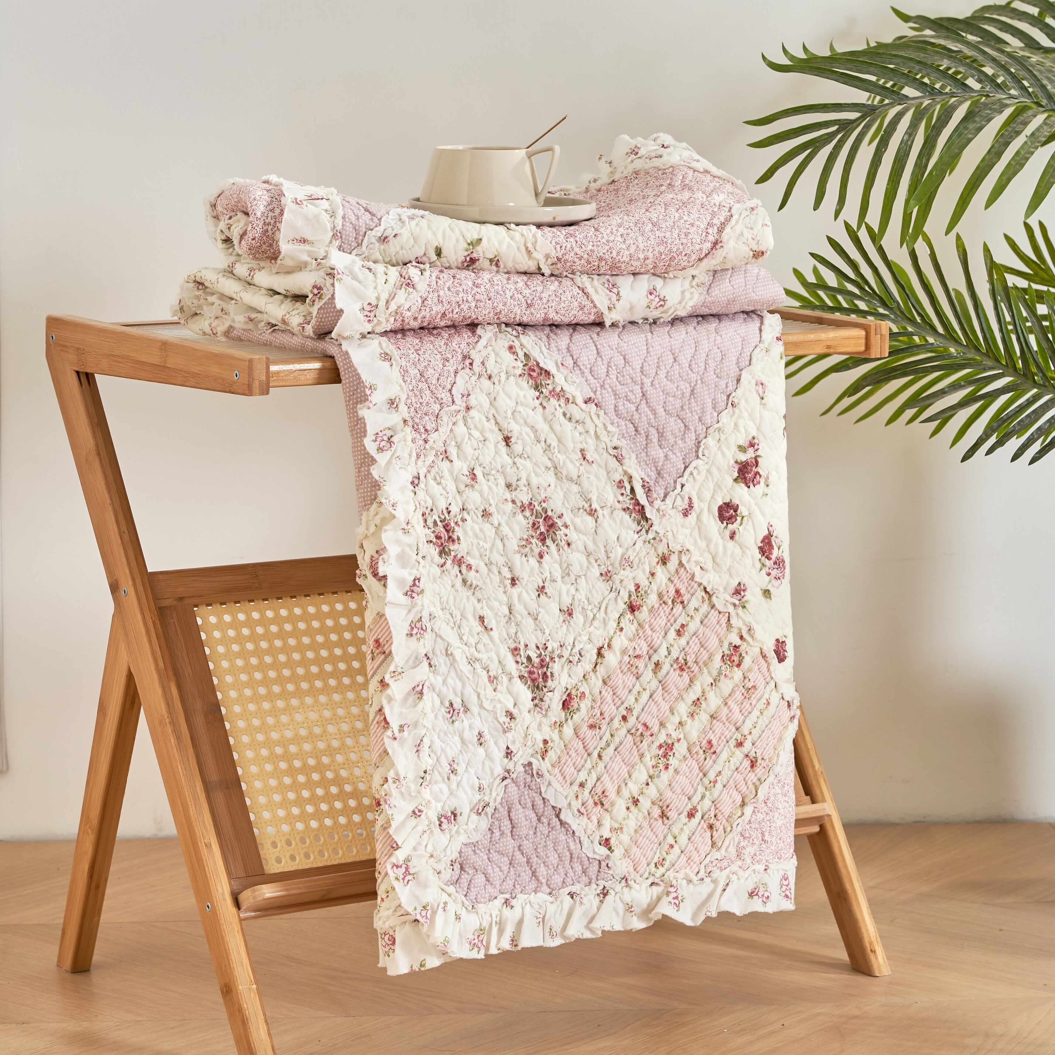DaDalogy Cotton Patchwork Throw Blanket - Floral Cottage Quilted Reversible Blush Pink & Cream Shabby Chic Botanical Ruffle Design - Vintage Garden Rose Pastel Accents - 50 x 60