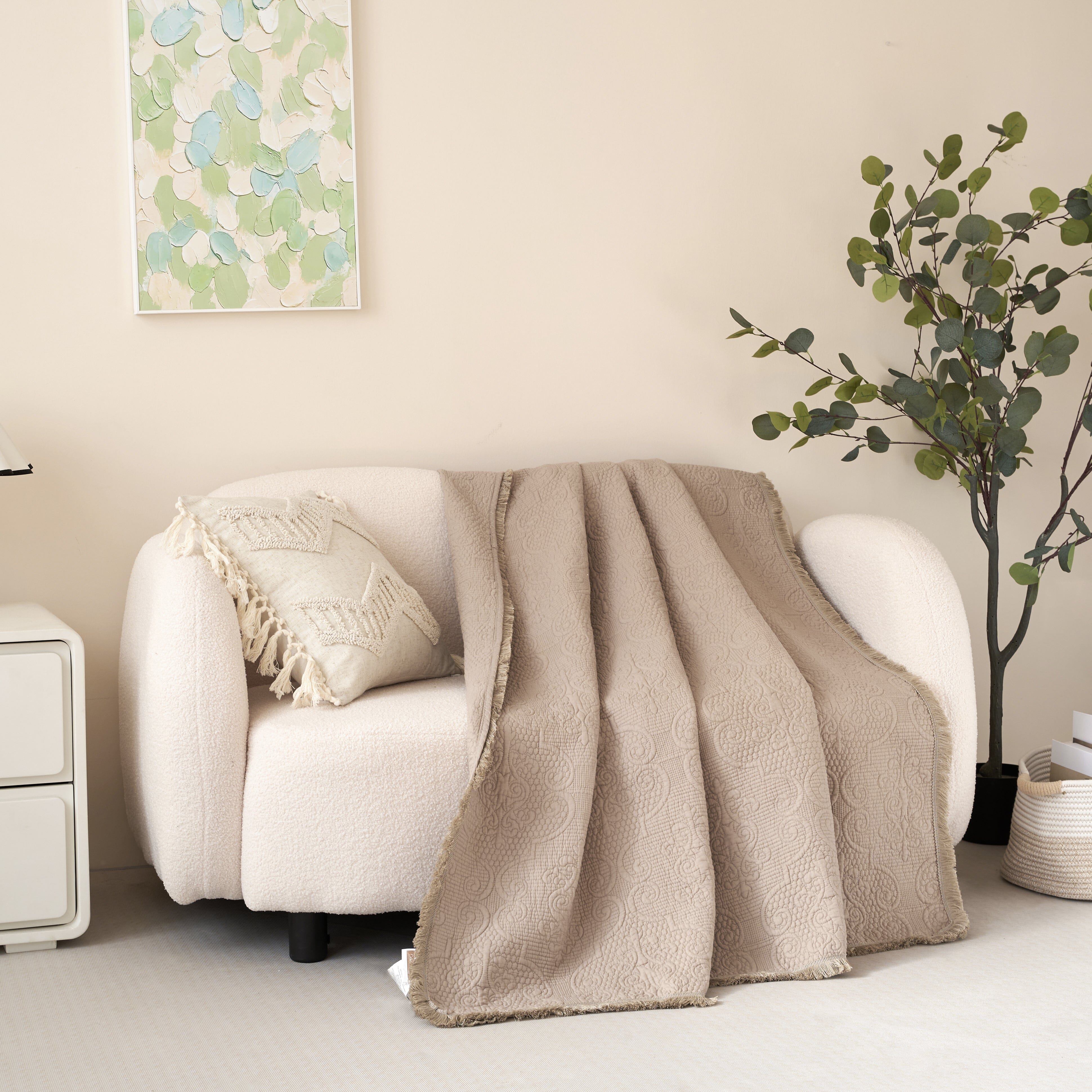 DaDa Bedding Elegant Fringed Cotton Quilted Throw Blanket - Luxurious Solid Soft Paisley Pattern, Cozy Lightweight Lap Throw, Perfect for Couch or Bed, Neutral Sandy Taupe Tan Beige, 50x60 Inches