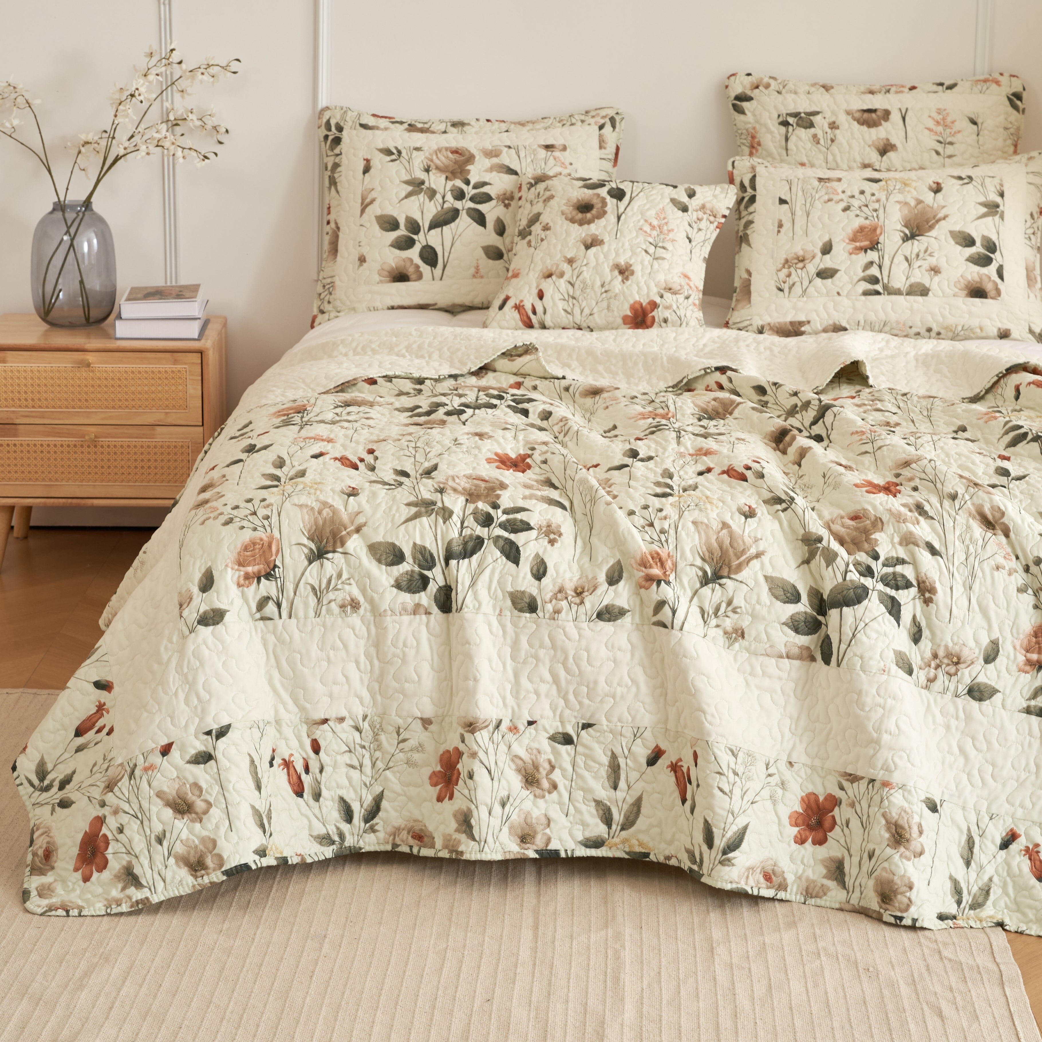 DaDalogy Enchanted Meadow Quilt Set - Victoria Garden Delicate Floral Symphony in Beige, Rose, and Soft Green, Luxuriously Soft Quilted Bedspread Set