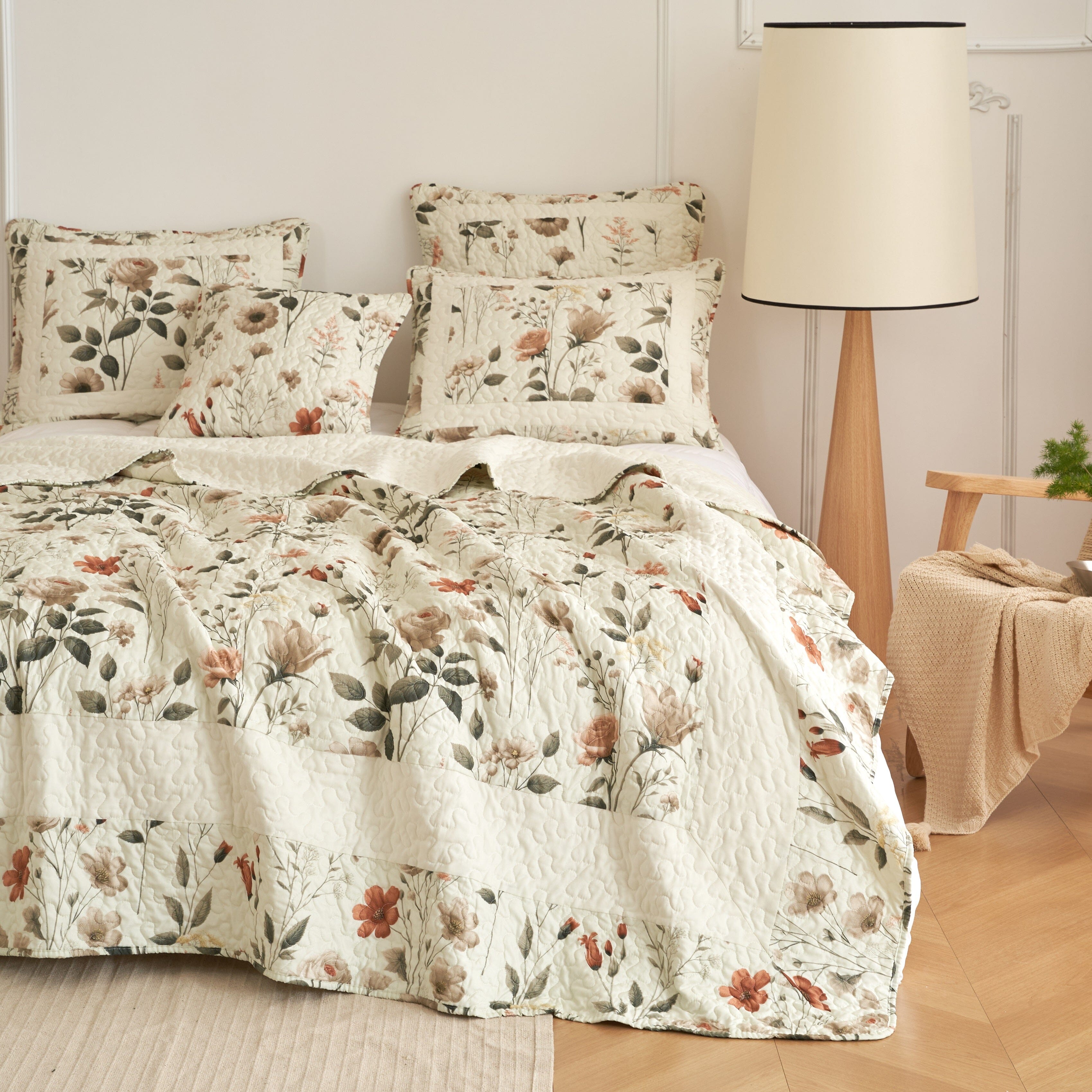DaDalogy Enchanted Meadow Quilt Set - Victoria Garden Delicate Floral Symphony in Beige, Rose, and Soft Green, Luxuriously Soft Quilted Bedspread Set