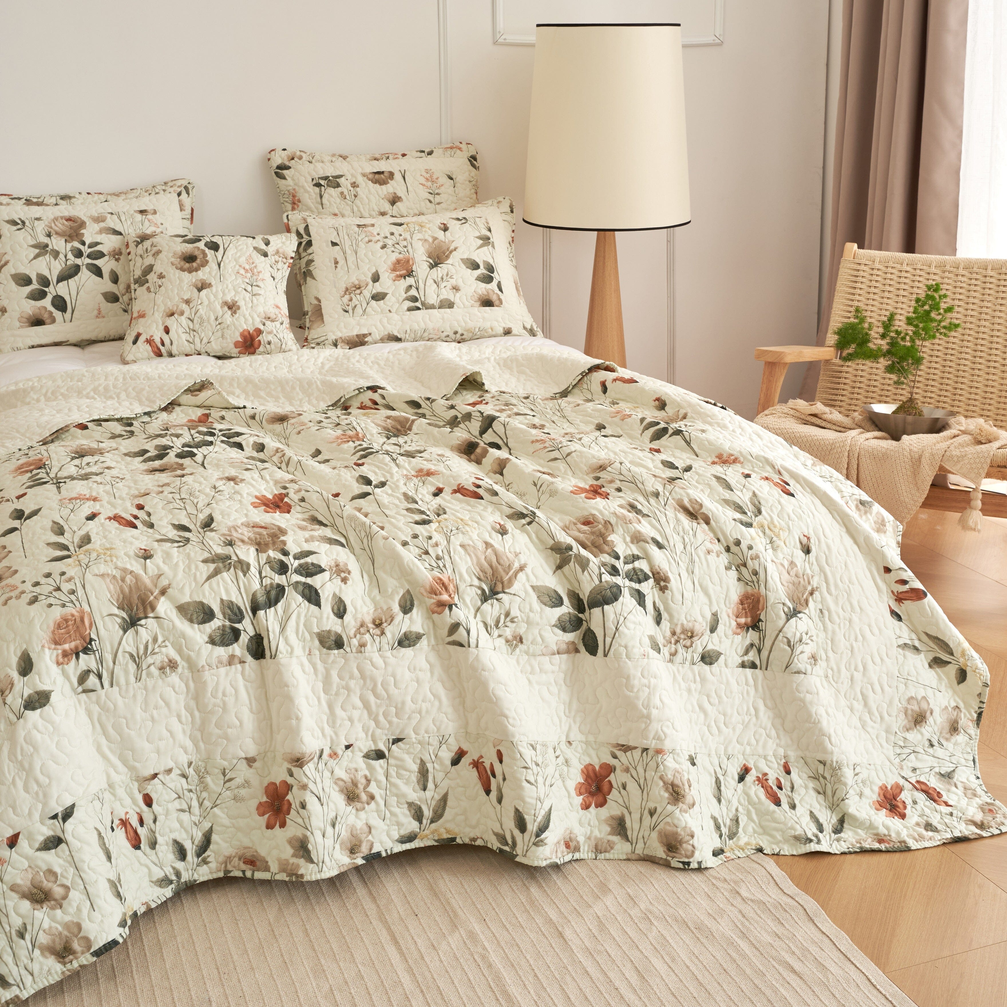 DaDalogy Enchanted Meadow Quilt Set - Victoria Garden Delicate Floral Symphony in Beige, Rose, and Soft Green, Luxuriously Soft Quilted Bedspread Set