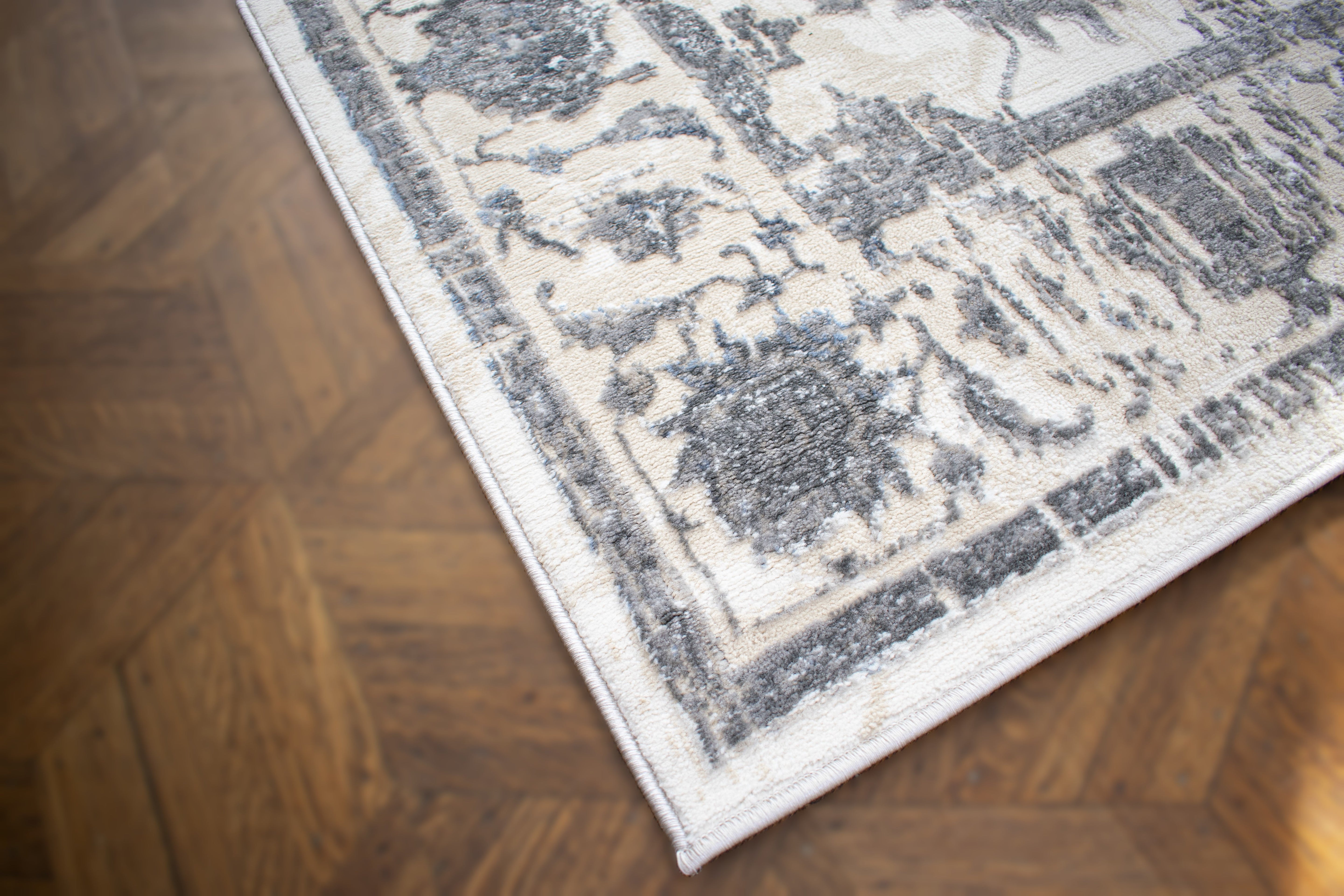 ROY's Home High&Low Area Rugs, Big Flower Vintage Lines Effect, Shiny Dark and Silver Effect