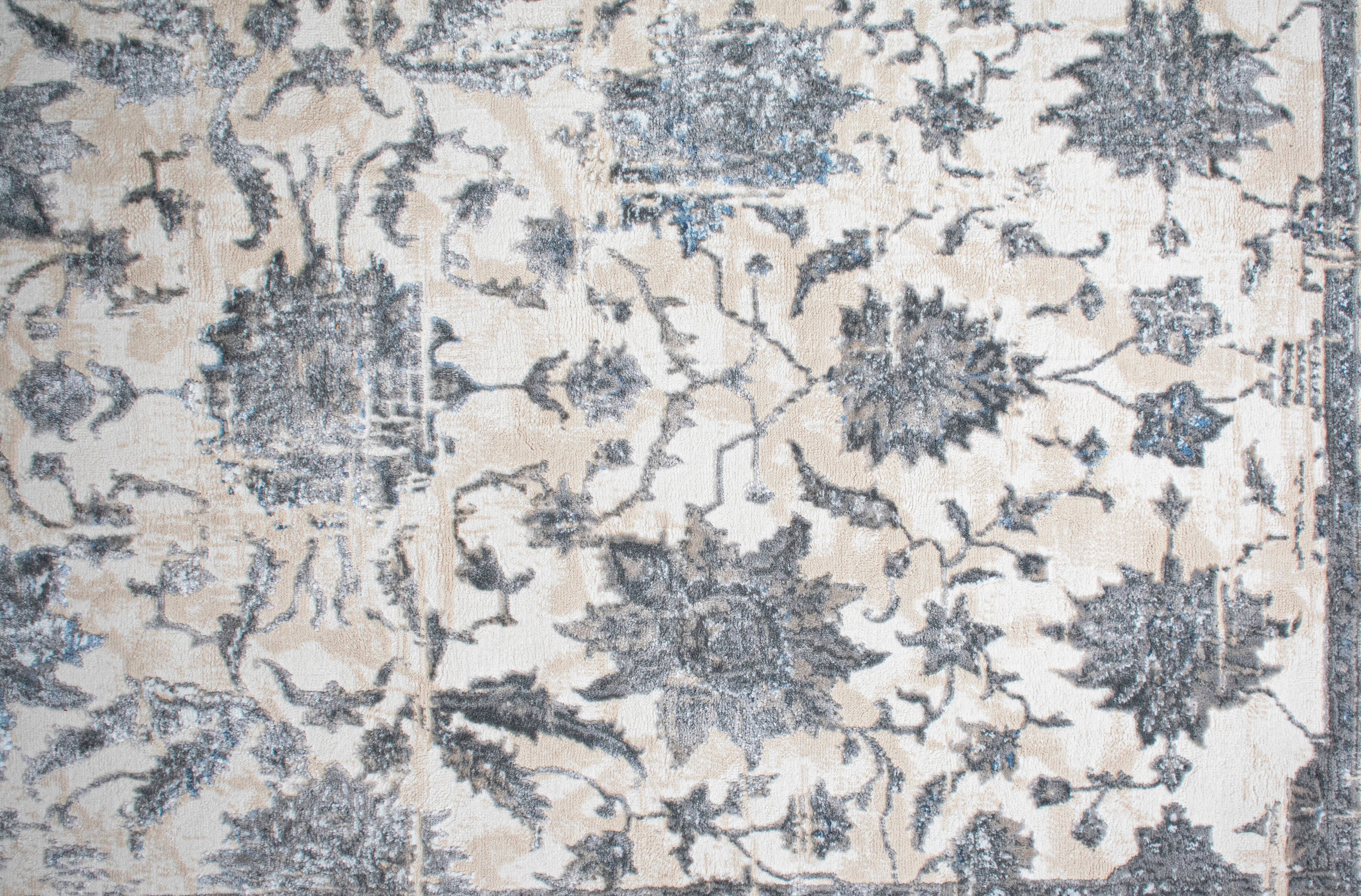 ROY's Home High&Low Area Rugs, Big Flower Vintage Lines Effect, Shiny Dark and Silver Effect