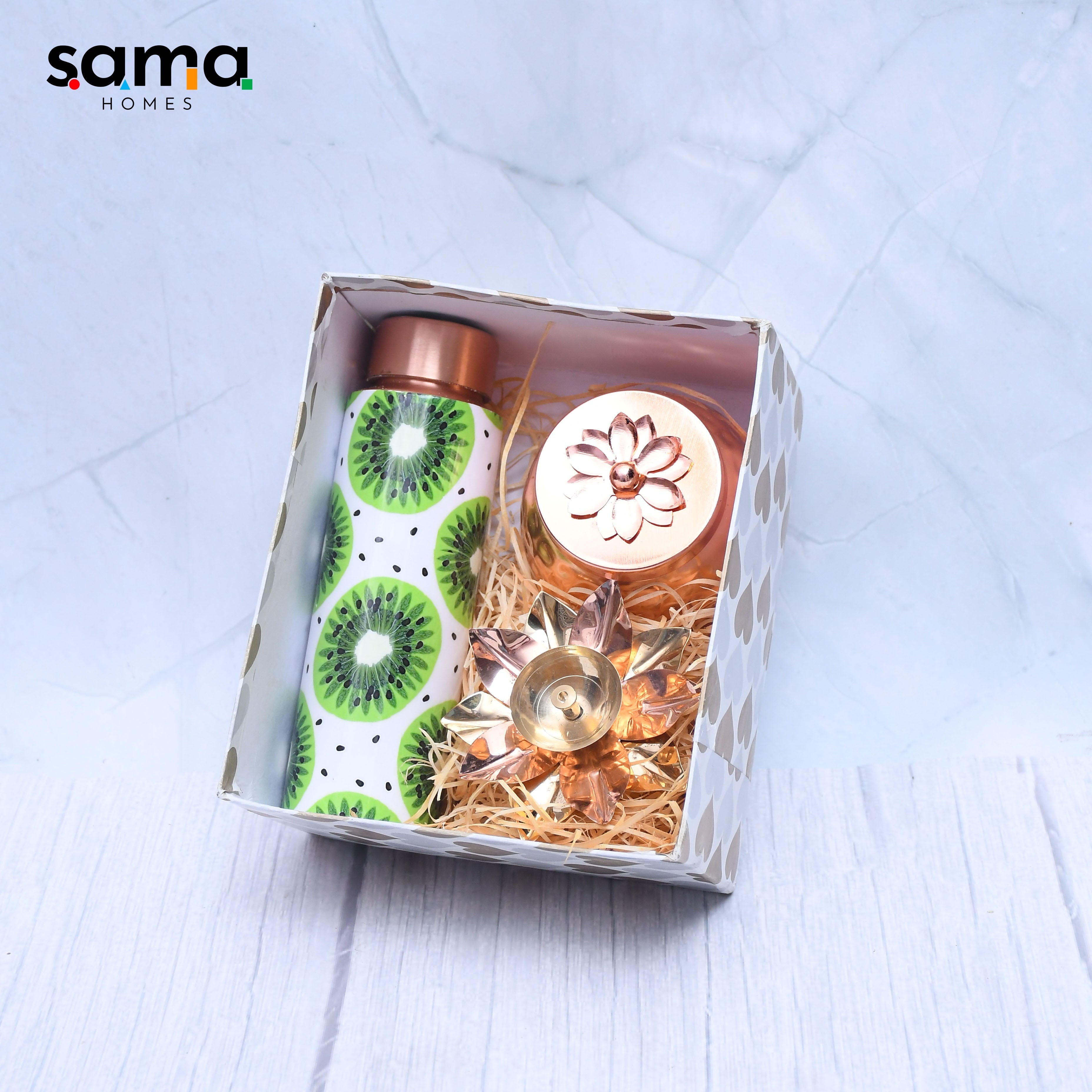 Pure Copper Bottle with Container Jar and Floral Candle Holder Set of 3 Combo-2