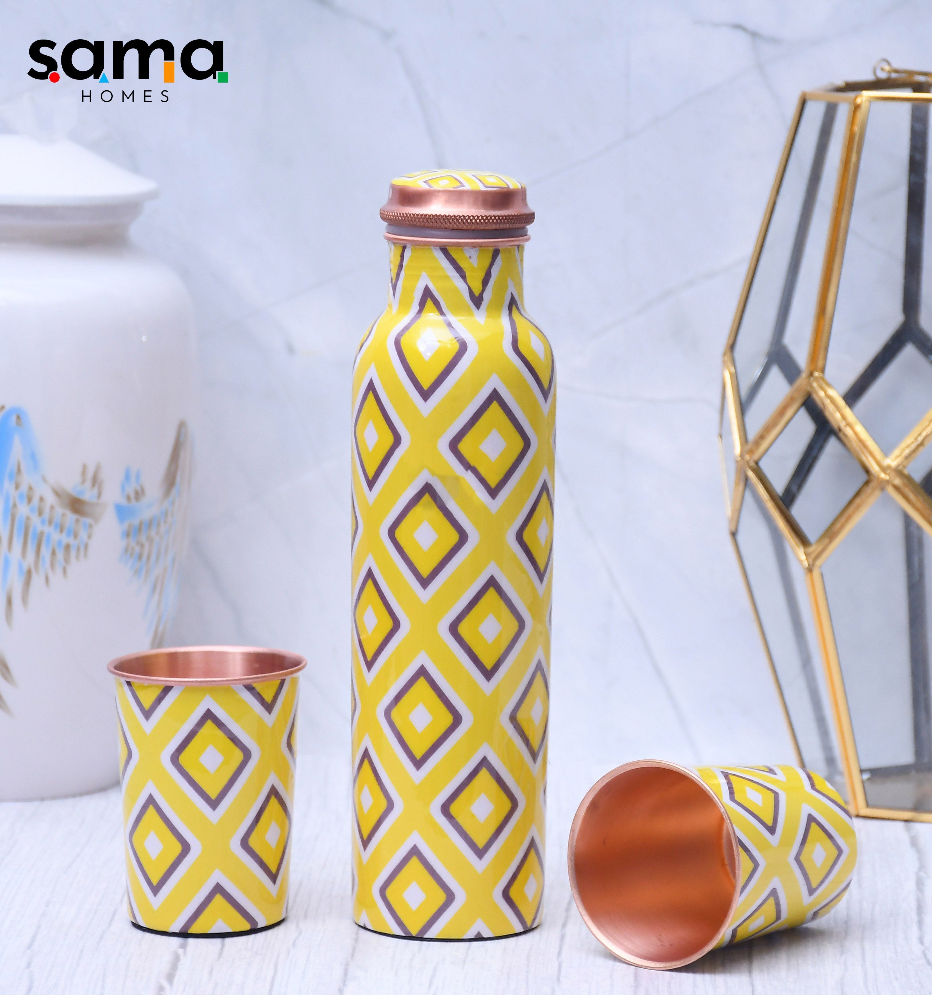 Exclusive Neon Design Printed Copper Bottle with 2 Glasses / Tumbler Set of 3 Capacity 1450 ML-0