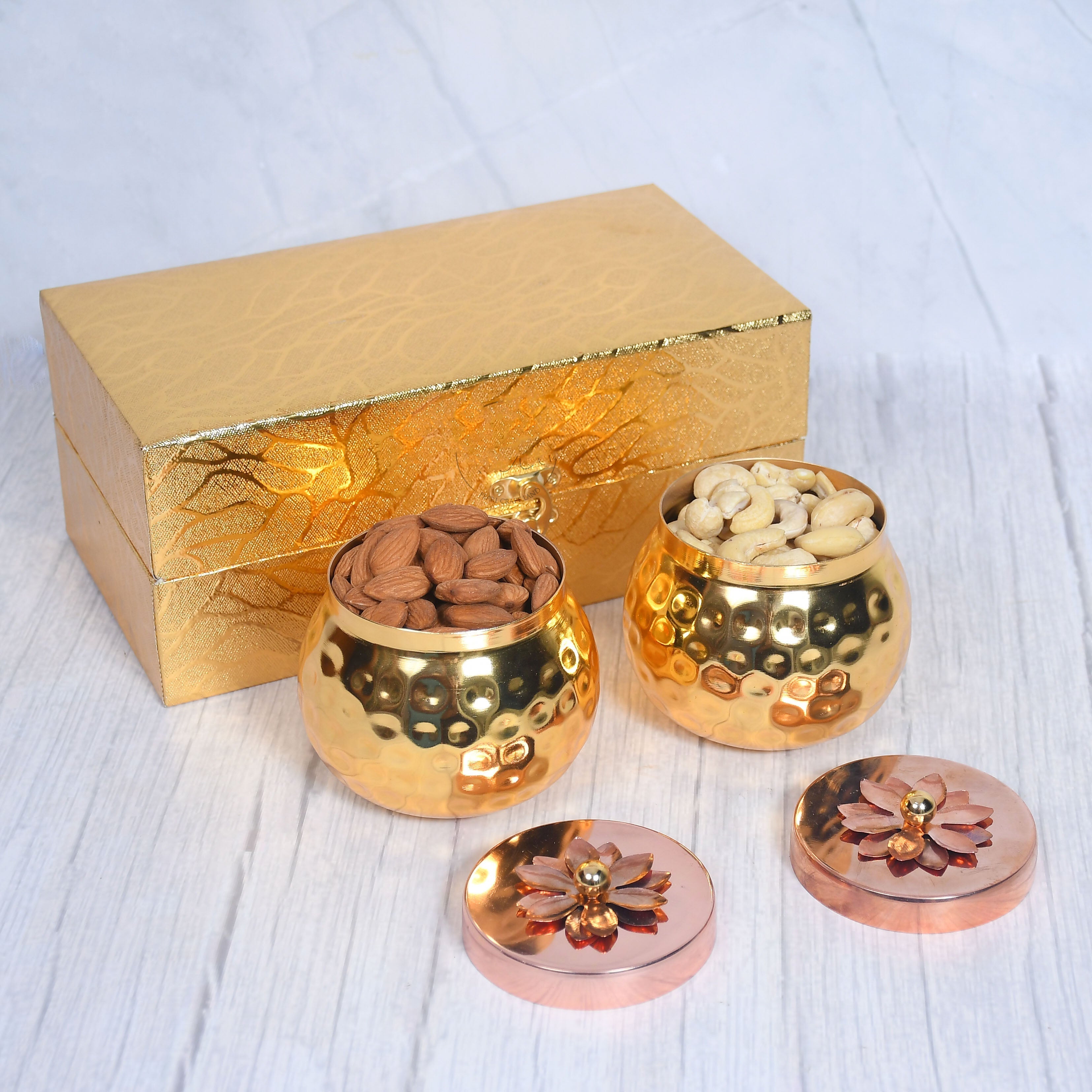 Exclusive Golden Hammered Dry-Fruit Pot with Gifting Box Set of 2-1