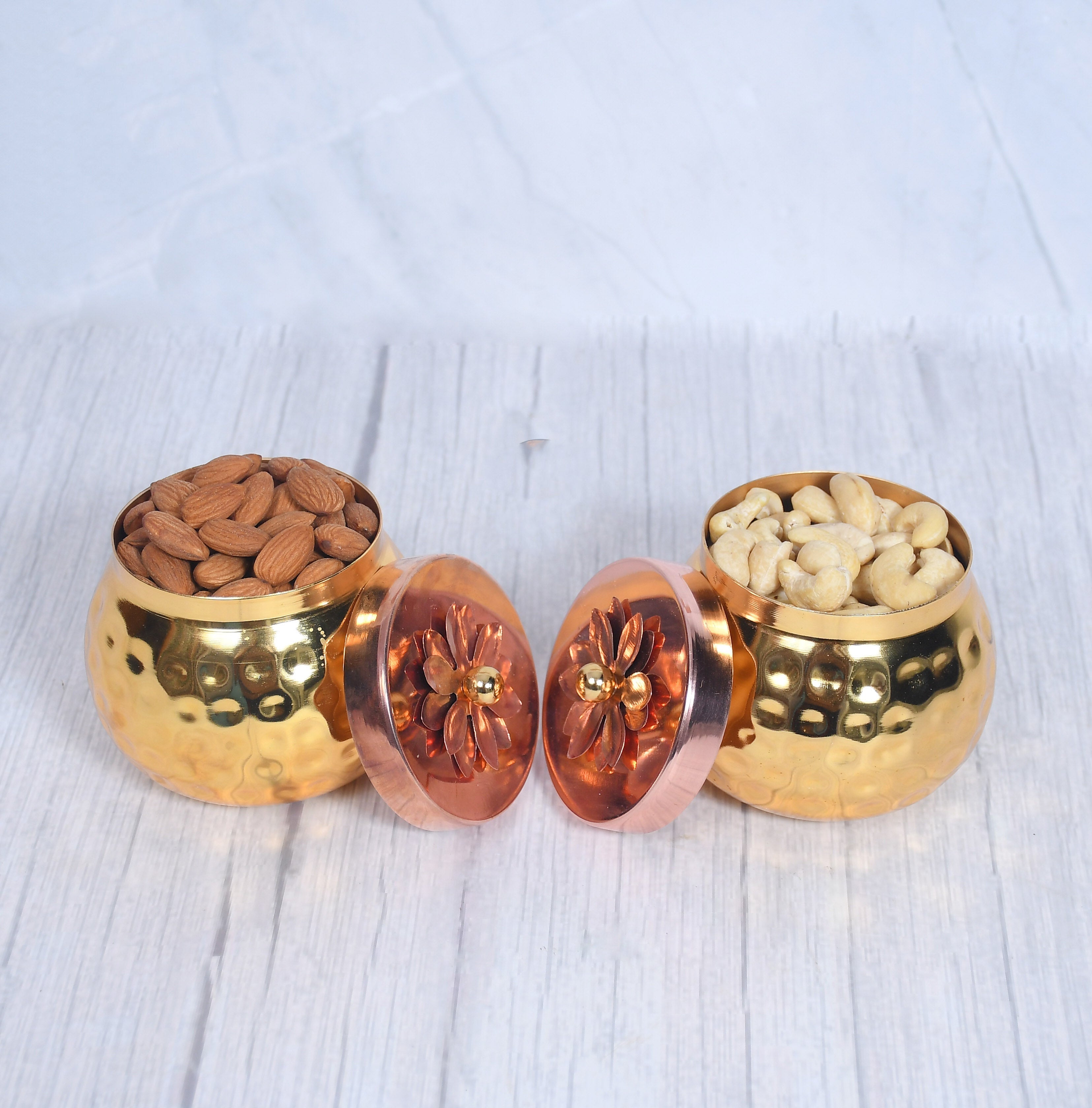 Exclusive Golden Hammered Dry-Fruit Pot with Gifting Box Set of 2-0