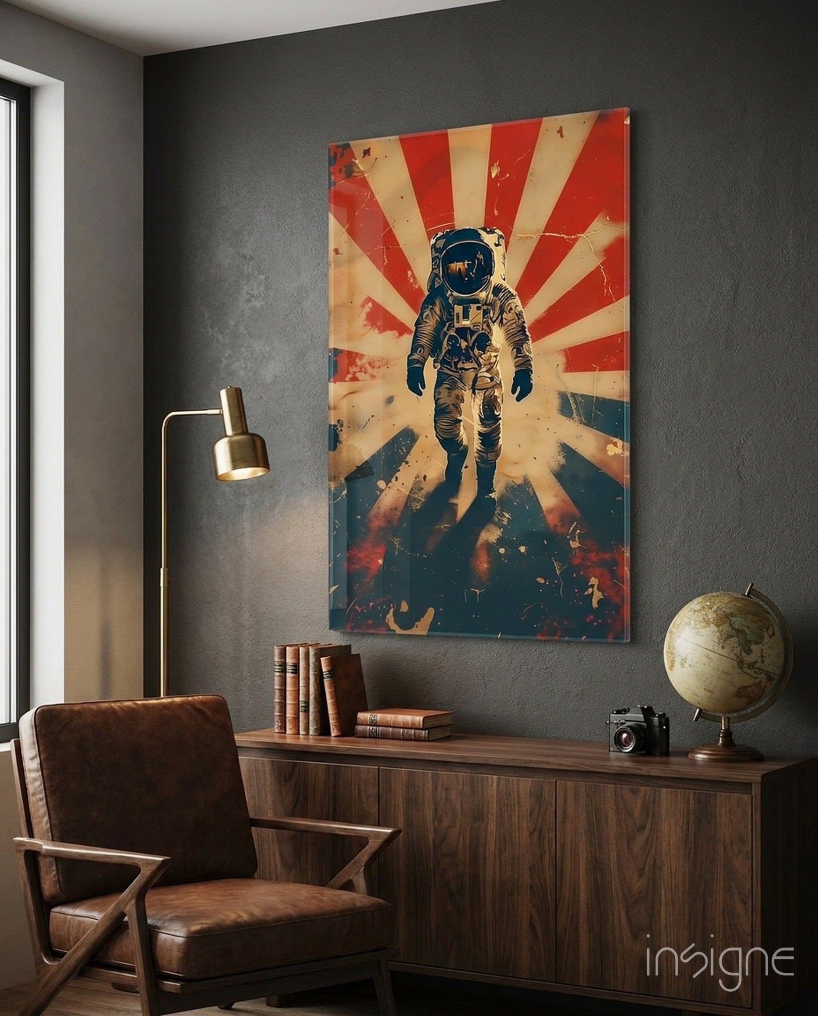 Retro Sun Rays Astronaut Glass Wall Art