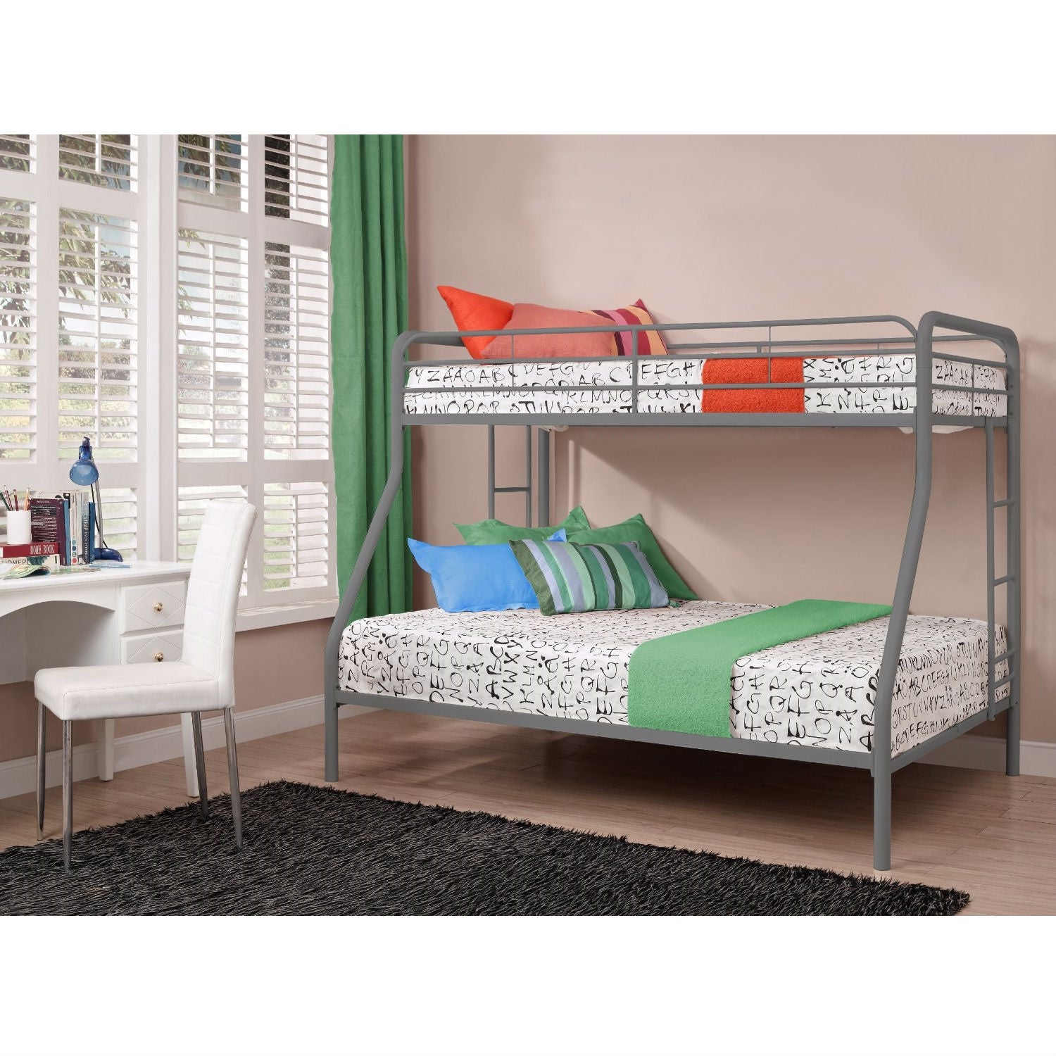 Twin over Full size Sturdy Metal Bunk Bed in Silver Finish-3