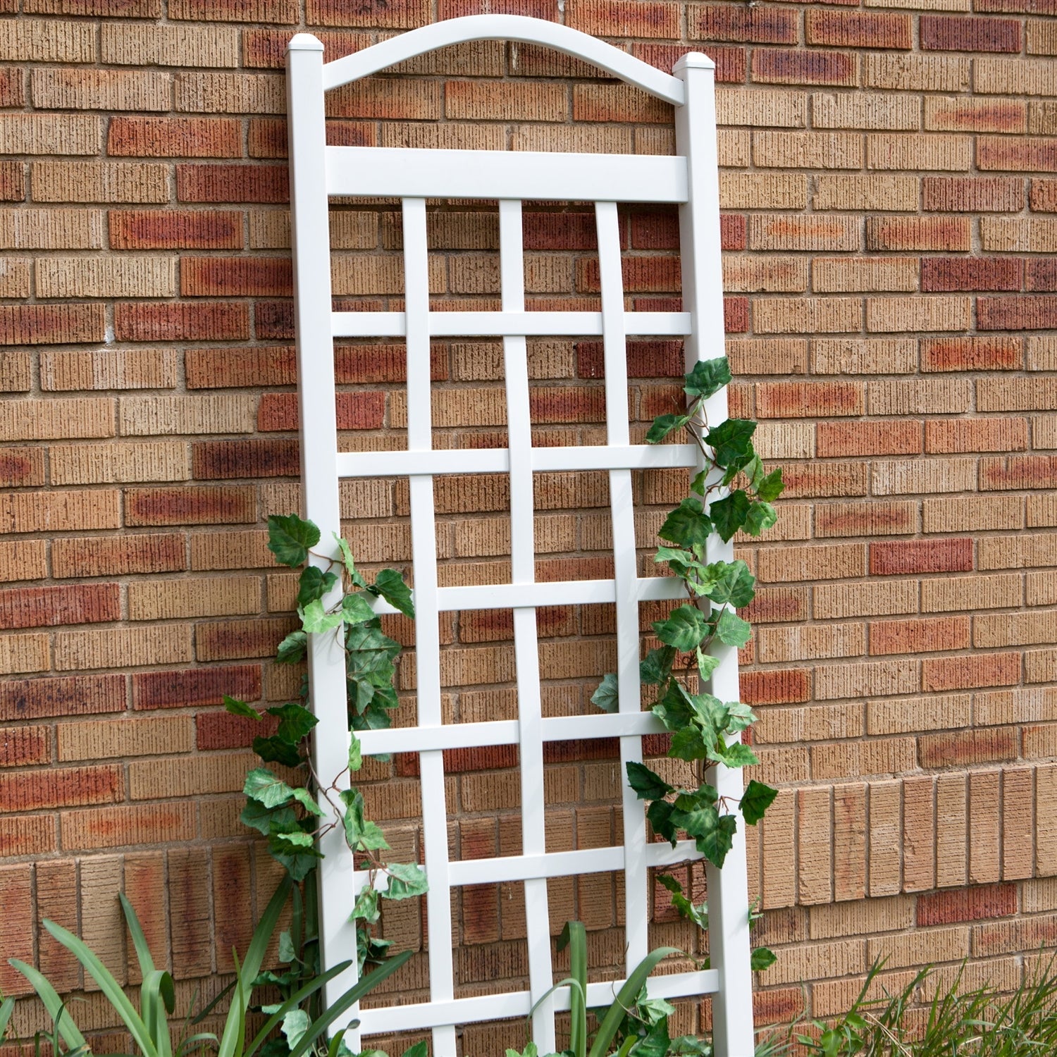 6 Ft White Vinyl Garden Trellis with Arch Top with Ground Mount Anchors-0