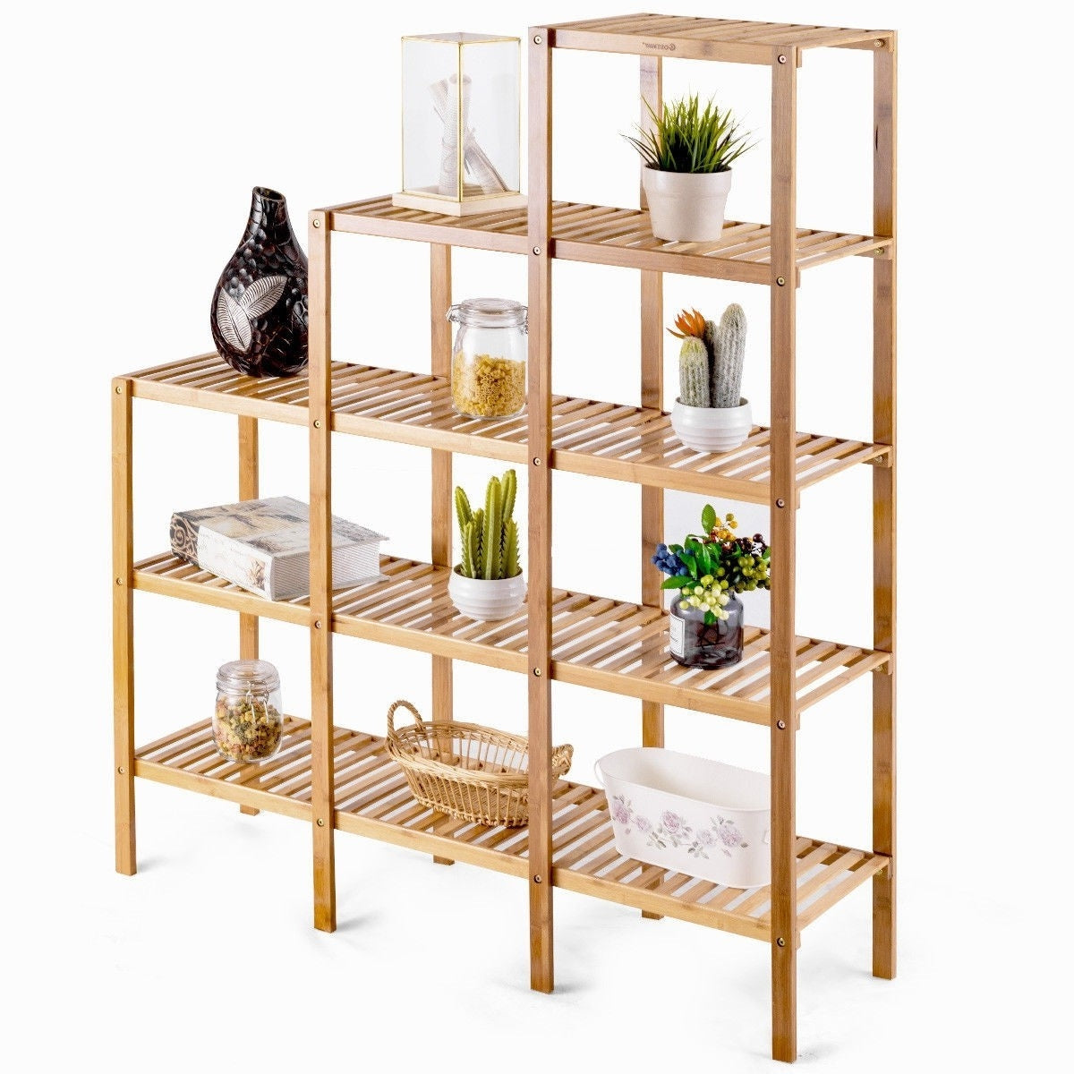 Bamboo Wood 5-Tier Versatile Bookcase Plant Stand Storage Rack-0