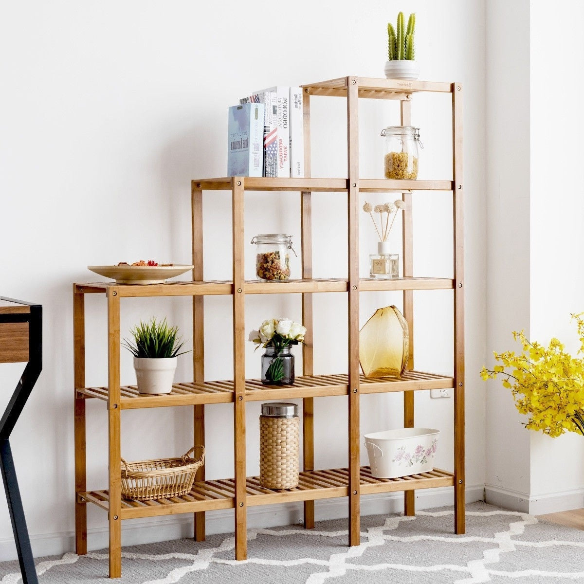 Bamboo Wood 5-Tier Versatile Bookcase Plant Stand Storage Rack-2