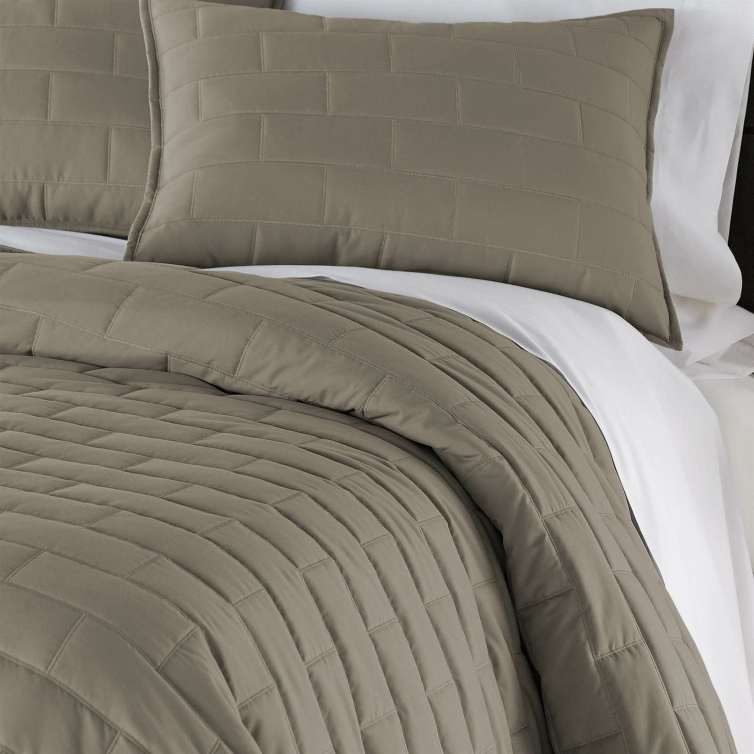 Full/Queen Modern Brick Stitch Microfiber Reversible 3 Piece Comforter Set in Taupe-0