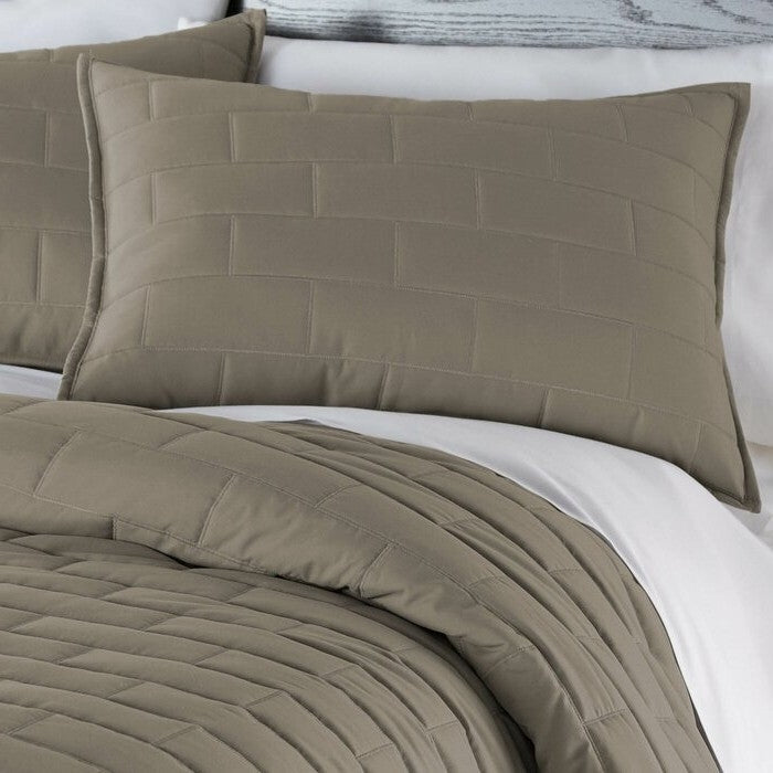 Full/Queen Modern Brick Stitch Microfiber Reversible 3 Piece Comforter Set in Taupe-1