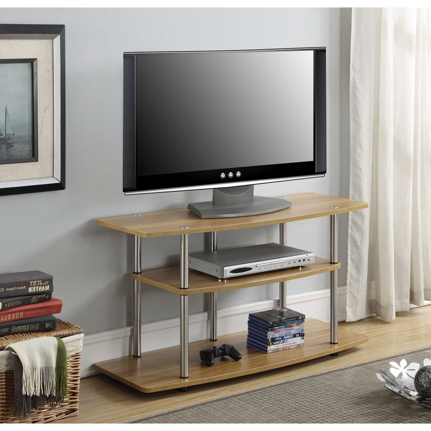 Modern Wood Metal TV Stand Entertainment Center in Light Oak Finish-2