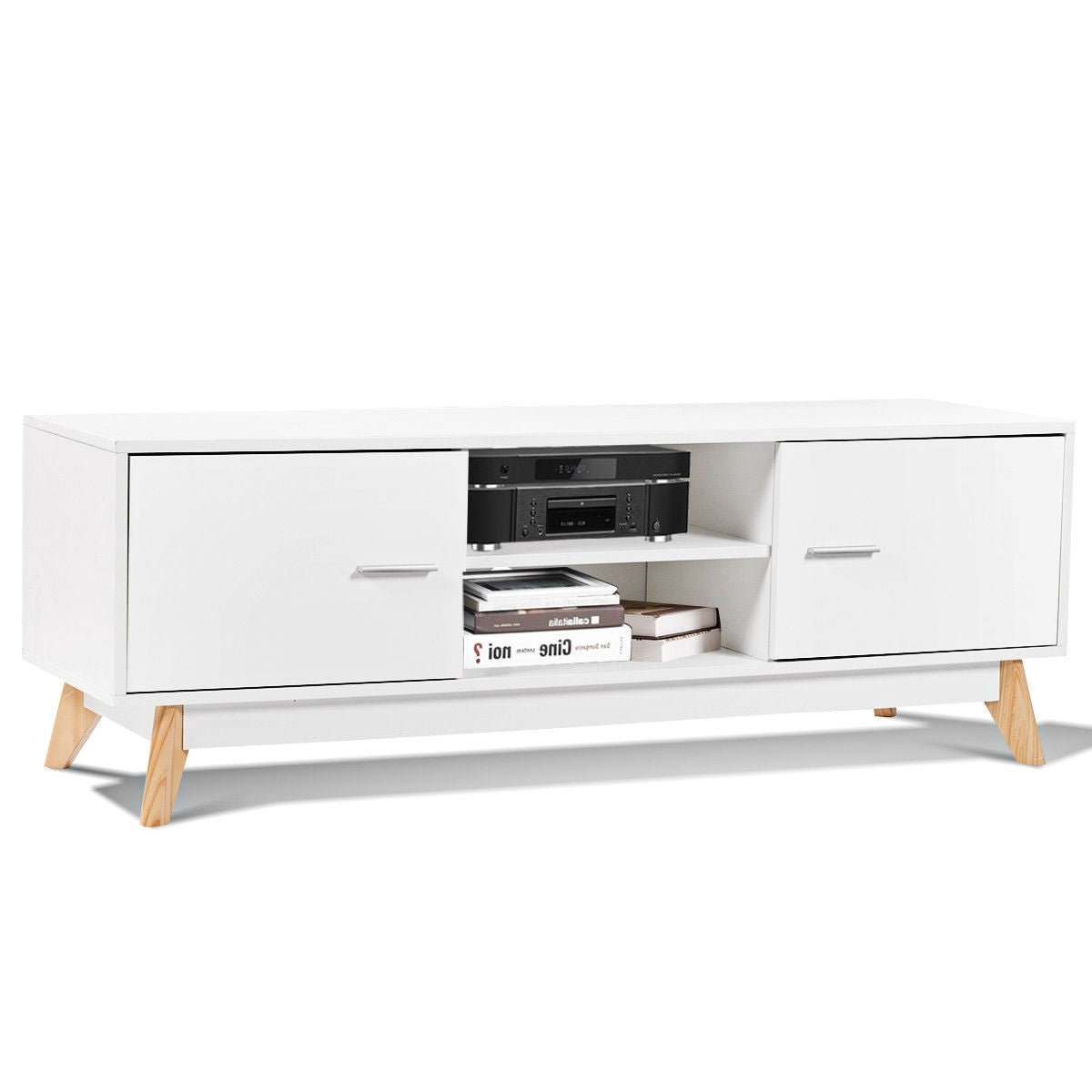 Modern Mid-Century Style Entertainment Center TV Stand in White Wood Finish-2