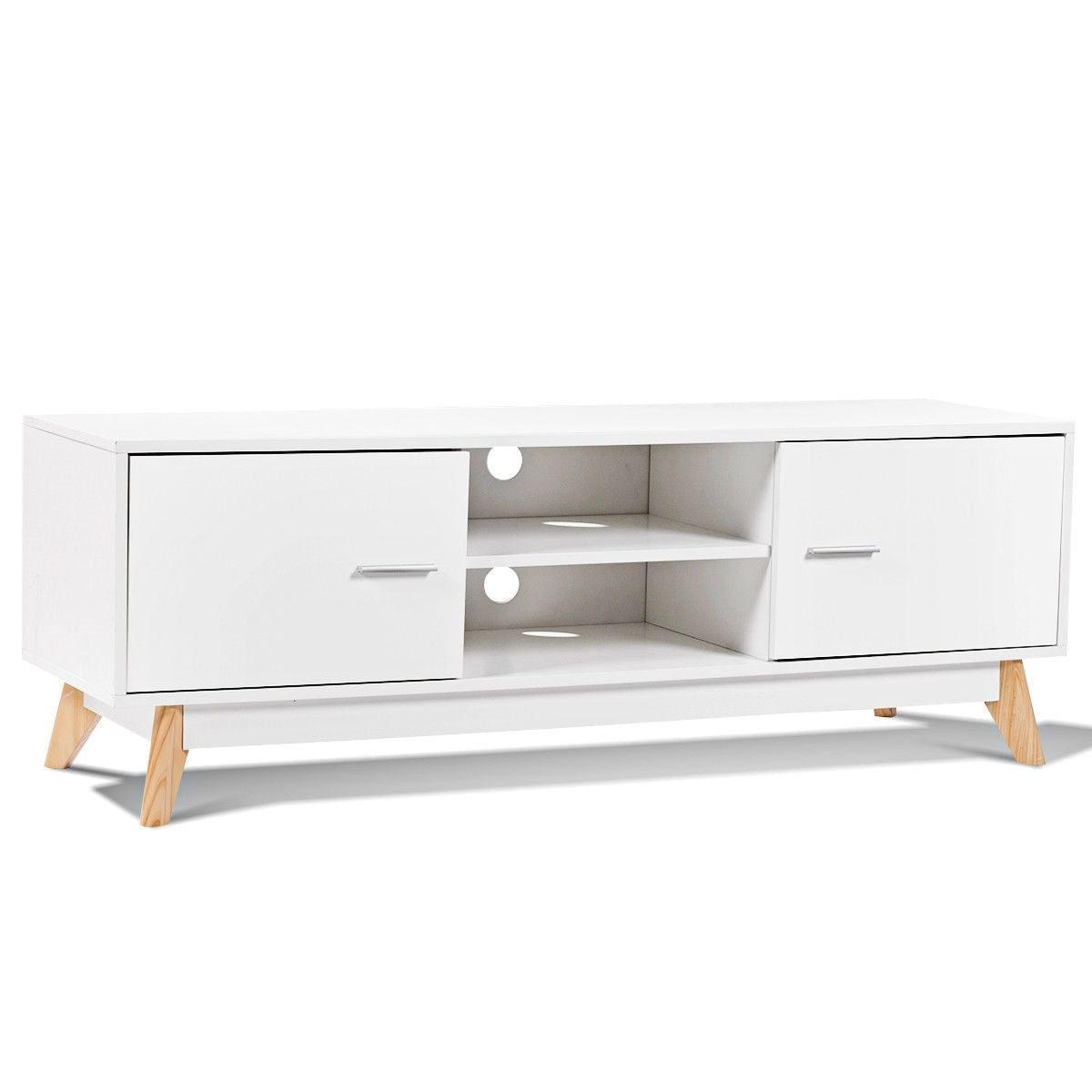 Modern Mid-Century Style Entertainment Center TV Stand in White Wood Finish-3