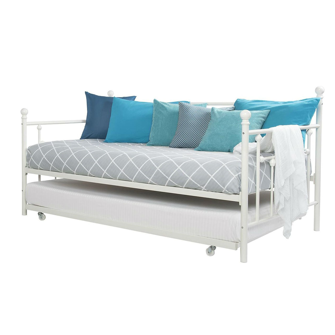 Twin White Metal Daybed Frame with Roll-Out Turndle Bed-0