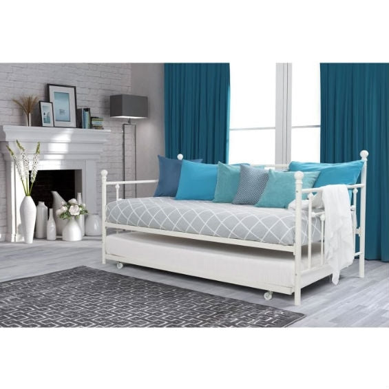 Twin White Metal Daybed Frame with Roll-Out Turndle Bed-1