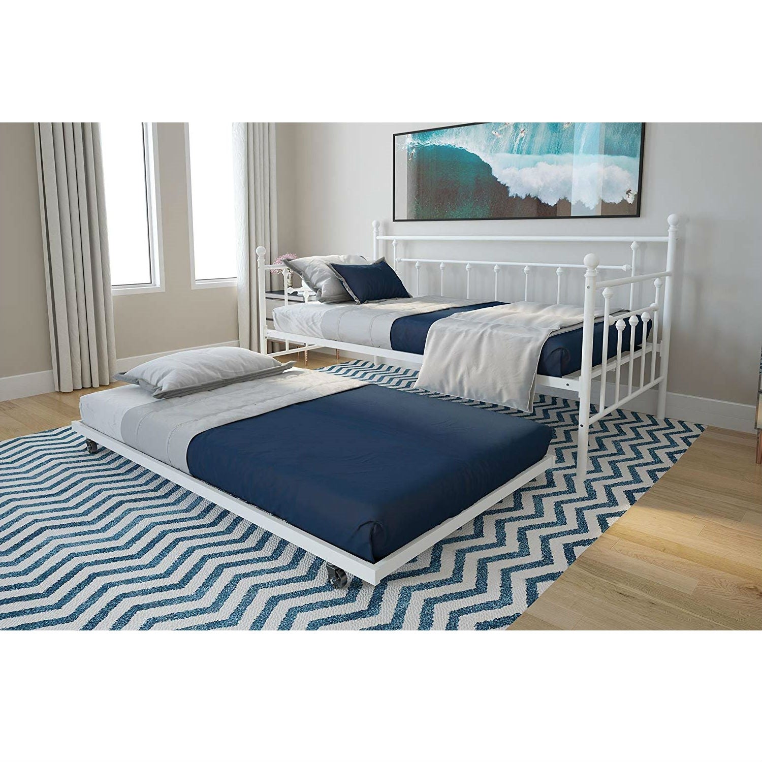 Twin White Metal Daybed Frame with Roll-Out Turndle Bed-2