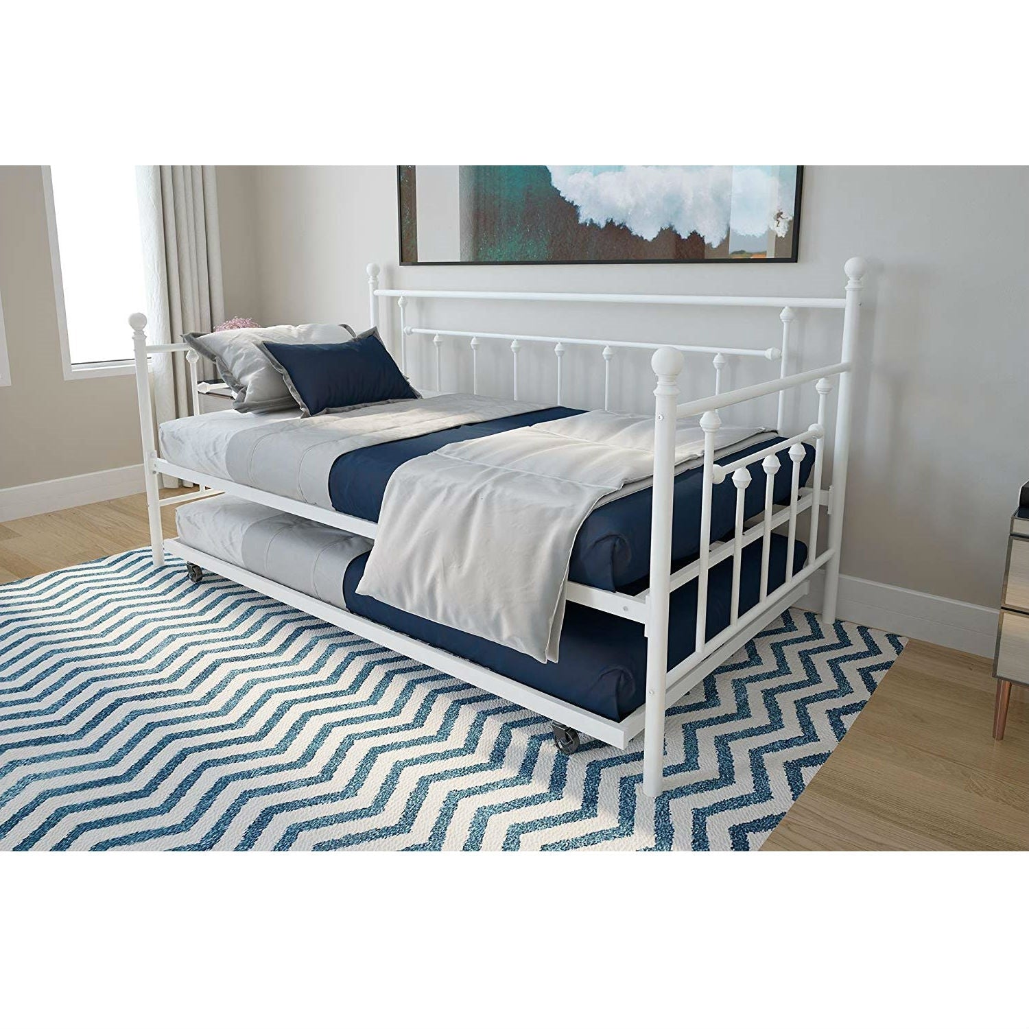 Twin White Metal Daybed Frame with Roll-Out Turndle Bed-4