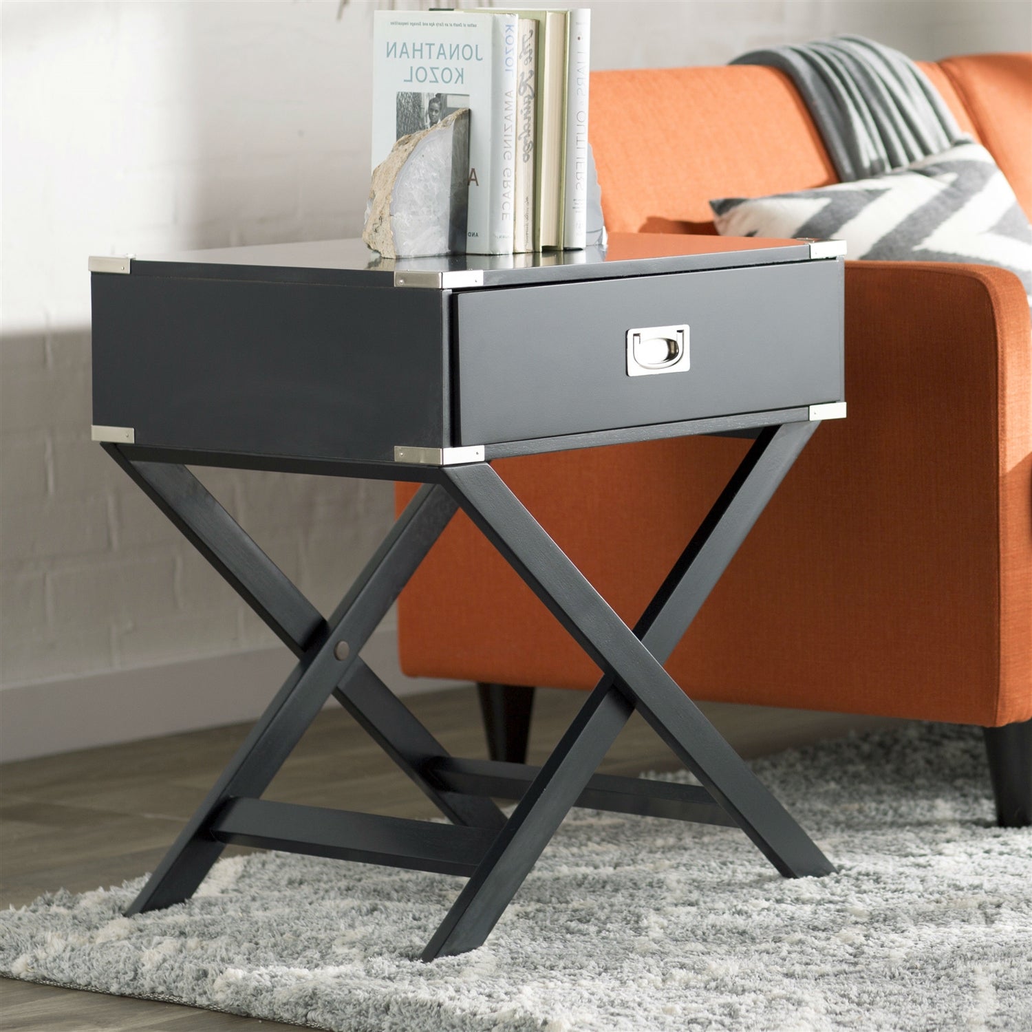 Dark Grey Black 1-Drawer End Table Nightstand with Modern Classic X Style Legs-1