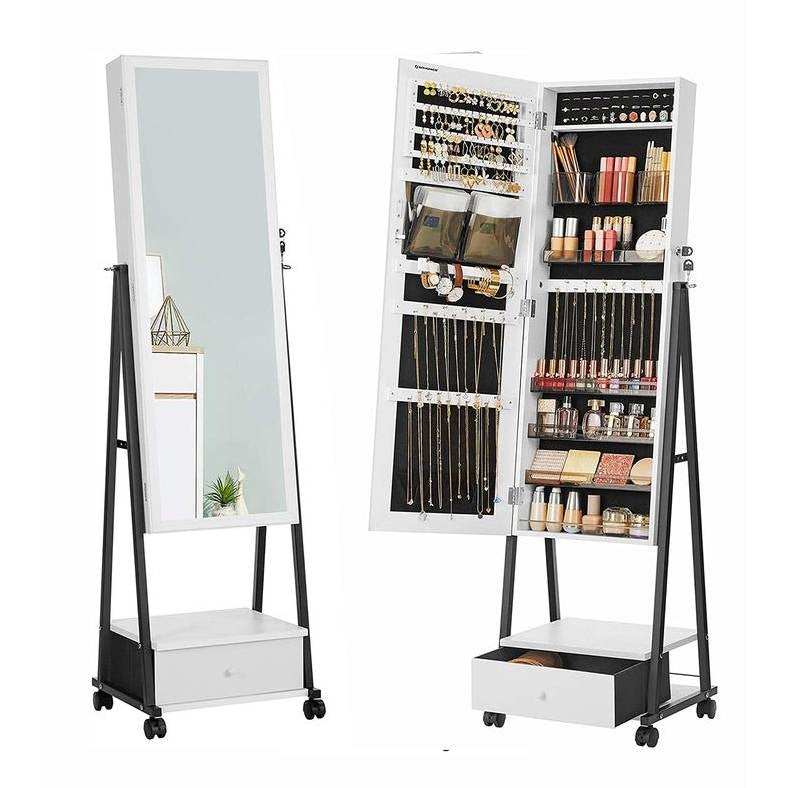 Modern Black Metal White Wood Jewelry Armoire Cabinet Organizer Mirror on Wheels-0