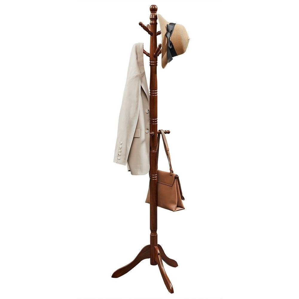 Adjustable Height Solid Wood Coat Rack with 10 Hooks in Dark Brown Finish-1
