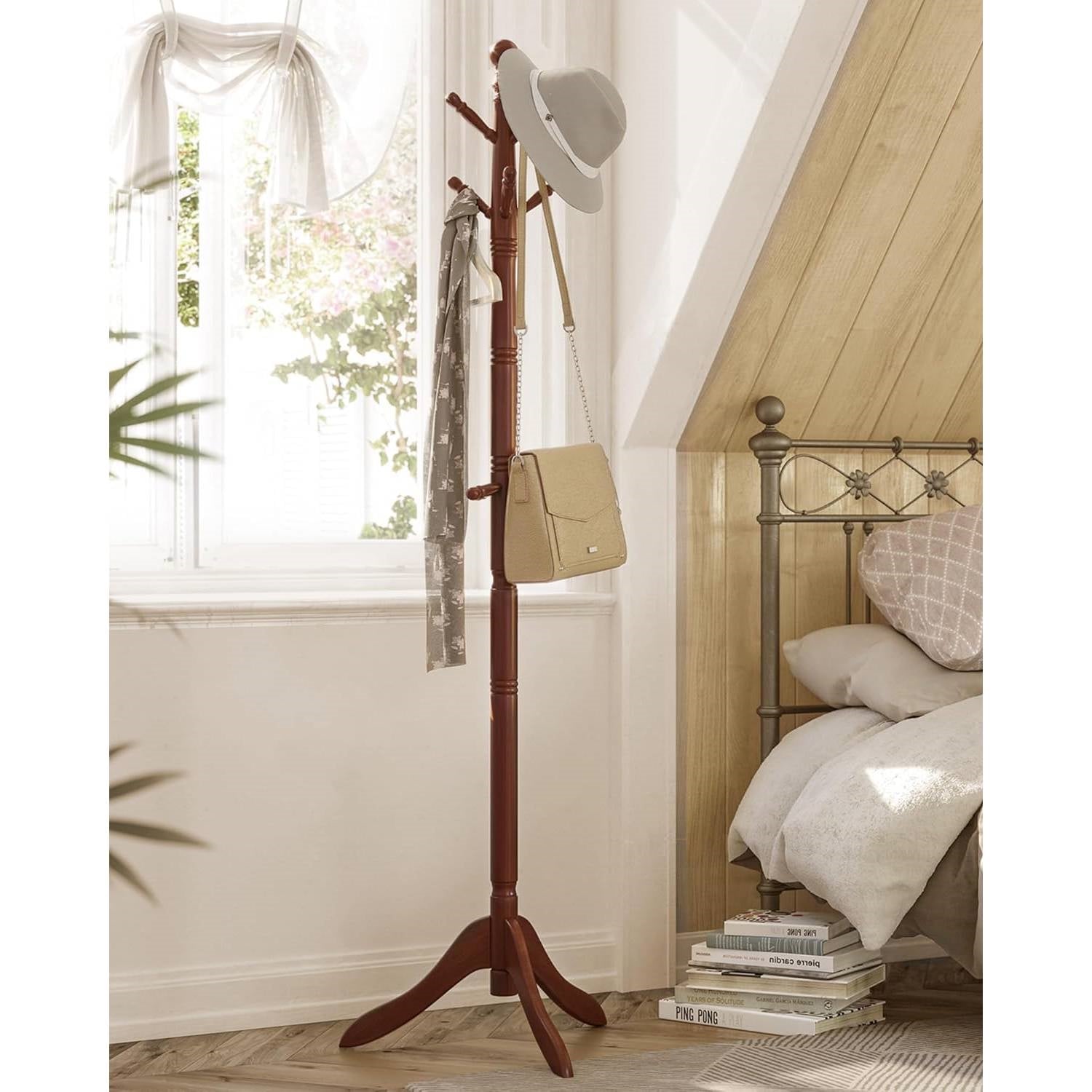 Adjustable Height Solid Wood Coat Rack with 10 Hooks in Dark Brown Finish-2