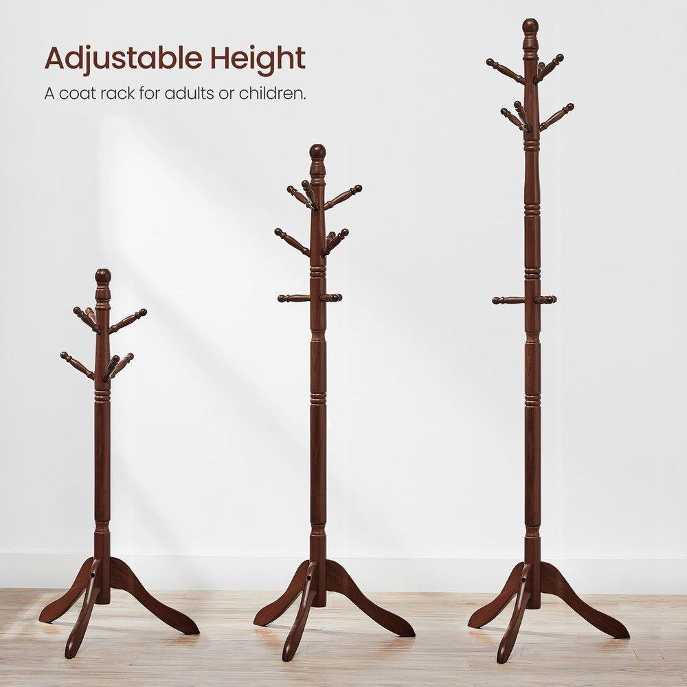 Adjustable Height Solid Wood Coat Rack with 10 Hooks in Dark Brown Finish-3