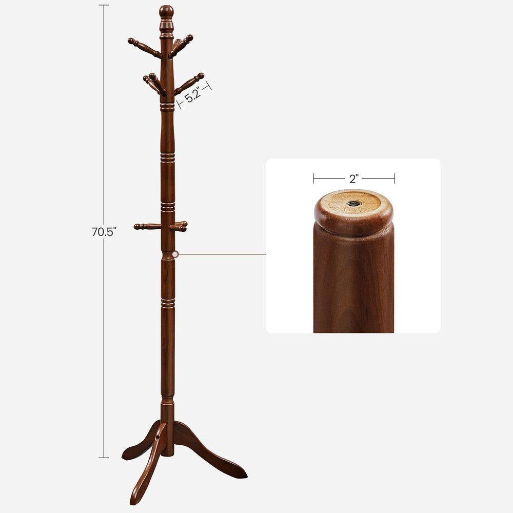 Adjustable Height Solid Wood Coat Rack with 10 Hooks in Dark Brown Finish-4