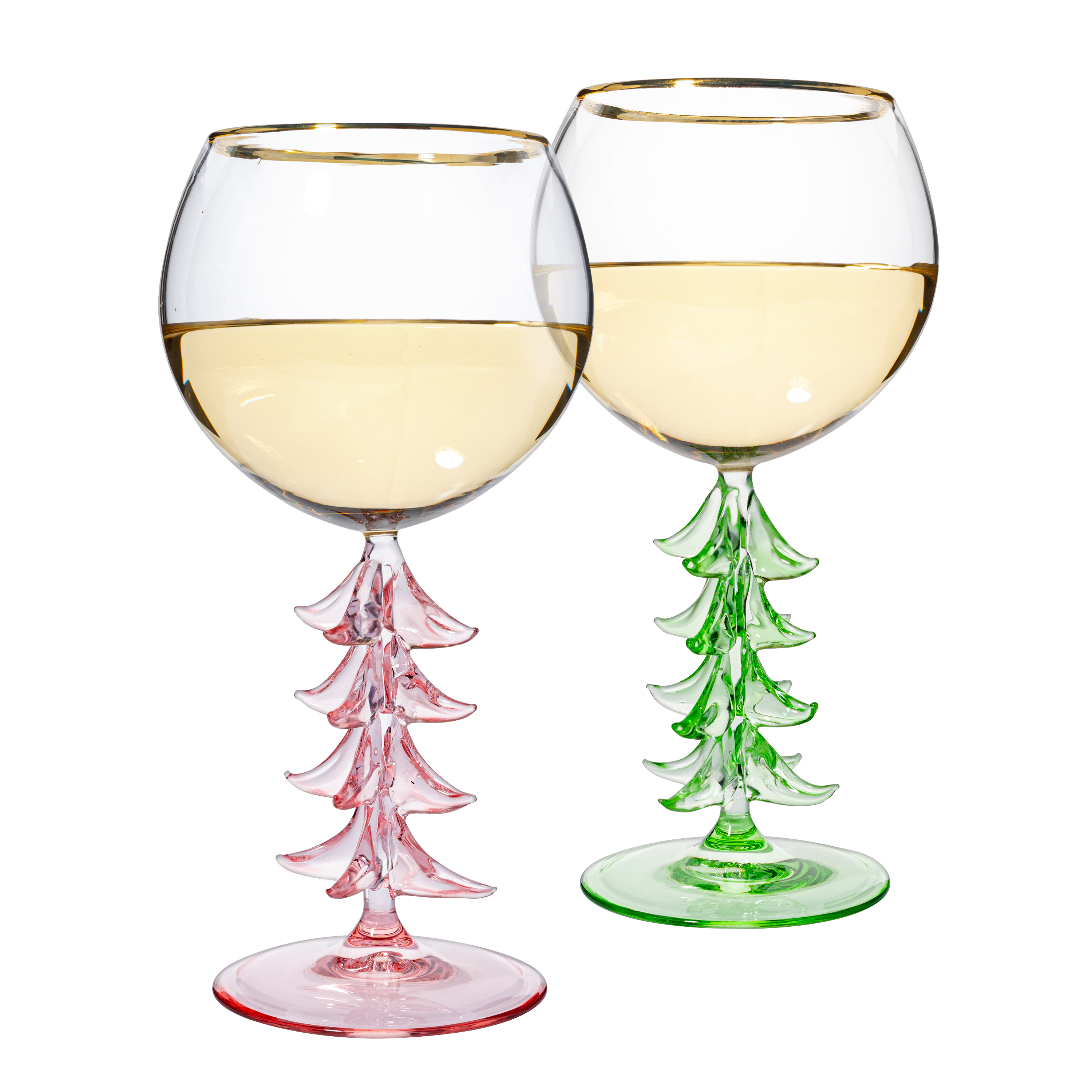 Crystal Christmas Holiday Tree Stemmed Wine Glass - Pink & Green - 12oz Goblet Bordeaux Gold Rim Colored Glassware, Cheerful Party Festive New Years Cheer for Holiday Gift Xmas & Winter Season-0