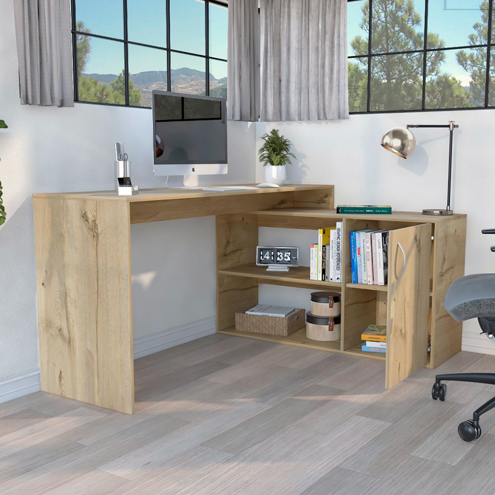 L-Shaped Desk Desti, Single Door Cabinet, Light Oak Finish-1