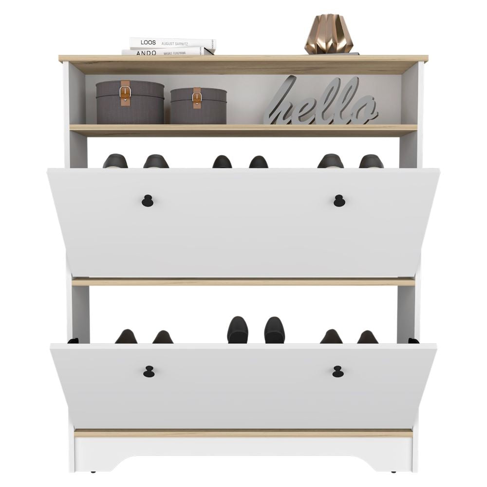 Shoe Rack Dublin, One Open Shelf, Two Extendable Cabinets, Light Oak / White Finish-3