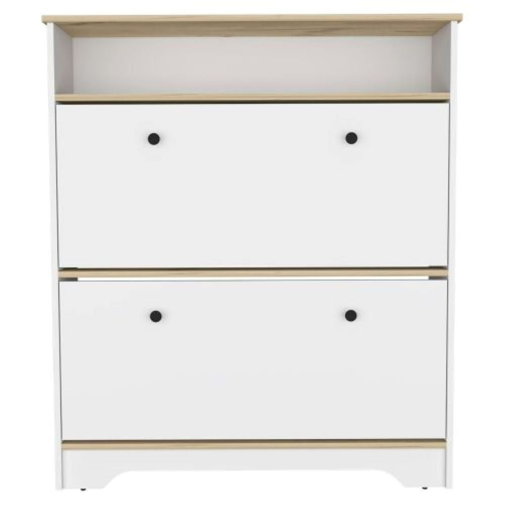 Shoe Rack Dublin, One Open Shelf, Two Extendable Cabinets, Light Oak / White Finish-2