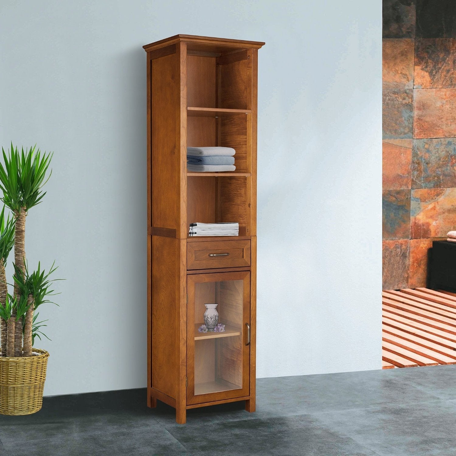 Oak Finish Bathroom Linen Tower Storage Cabinet with Shelves-2