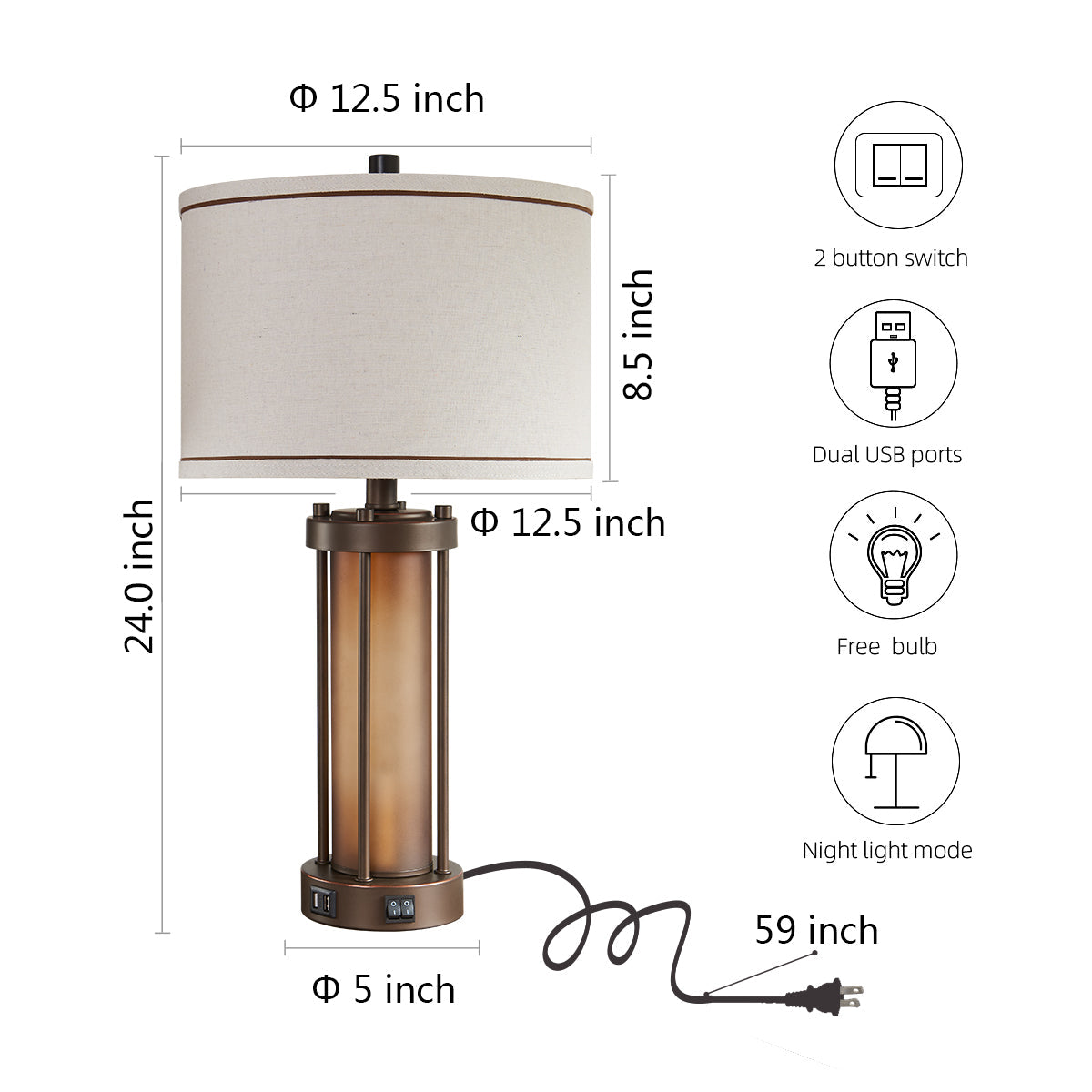 25" Table Lamp Set With Night Light And USB Ports-4