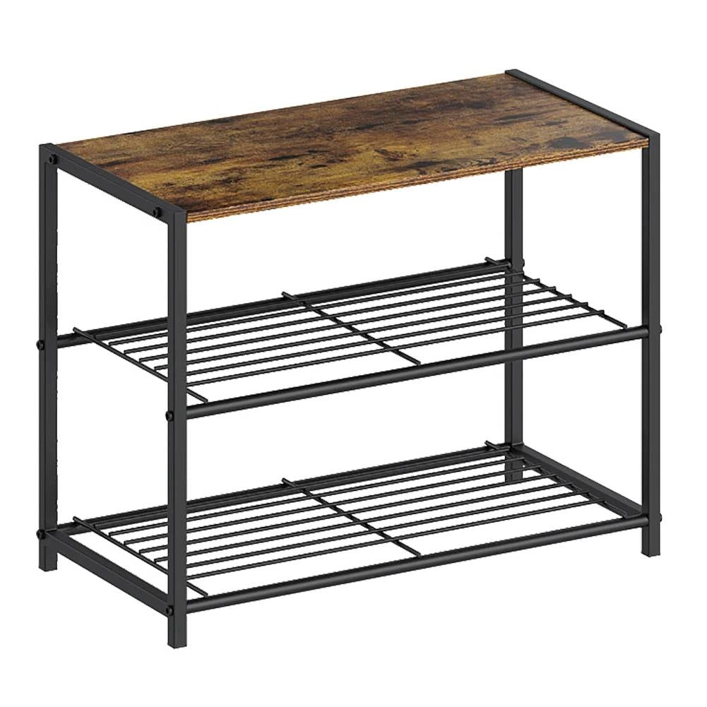 2-Shelf Entryway Shoe Rack Bench with Black Metal Frame and Brown Wood Top-1