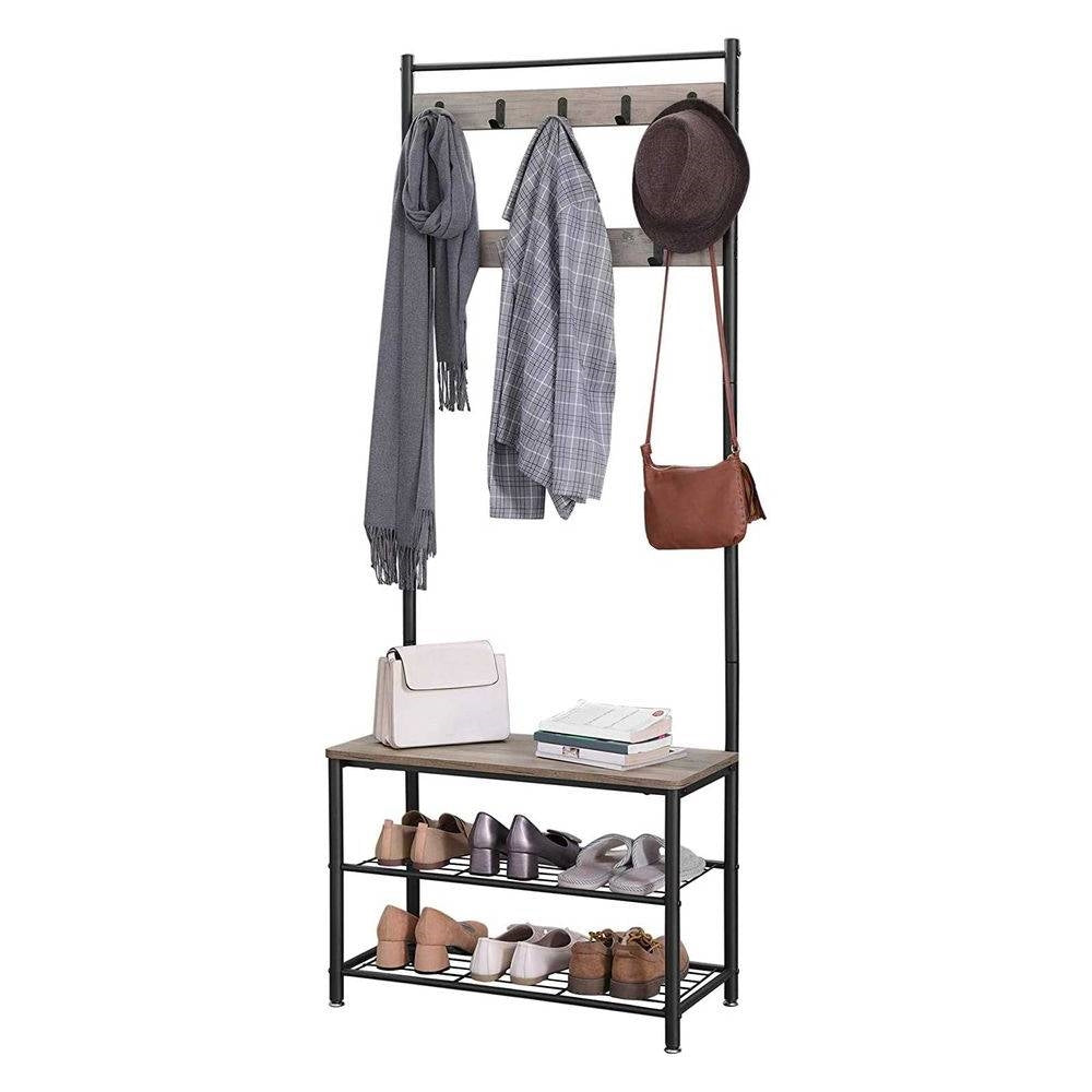 Modern Industrial Black Grey Entryway Coat Rack Shoe Bench with 2 Shelves-3