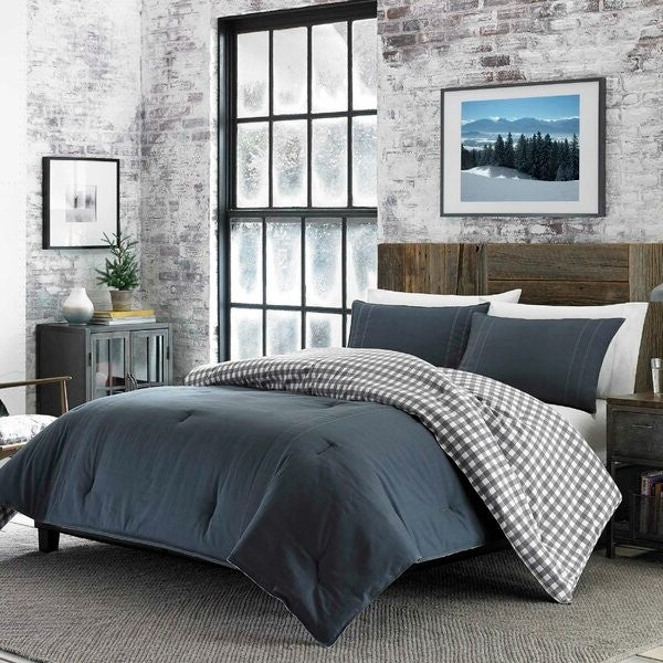 King size 100% Cotton Reverse Plaid Gray/White Comforter Set-3