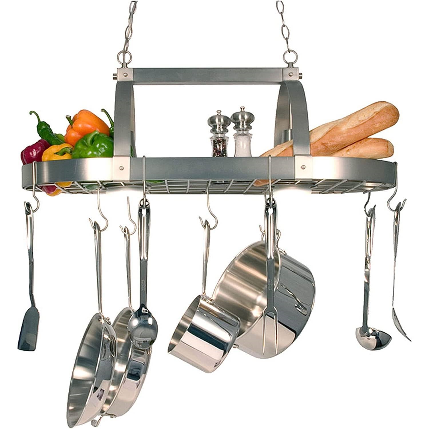 Rustic 2-Light 10 Hook Ceiling Mounted Hanging Pot Rack in Brushed Nickle-0