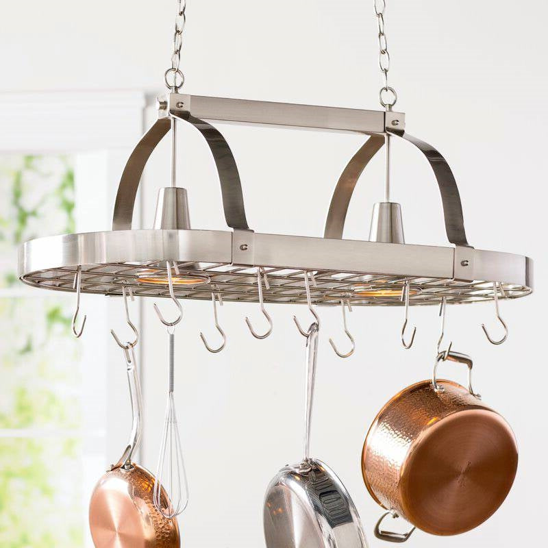 Rustic 2-Light 10 Hook Ceiling Mounted Hanging Pot Rack in Brushed Nickle-3