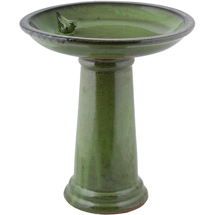 Green Ceramic Outdoor Garden Birdbath - 16-inch Diameter-0