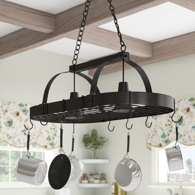 Rustic 2 Light 10 Hook Ceiling Mounted Hanging Pot Rack in Bronze-4