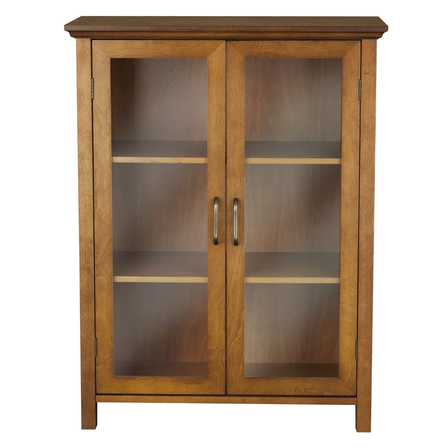 Oak Finish Bathroom Floor Cabinet with 2 Glass Doors & Storage Shelves-0