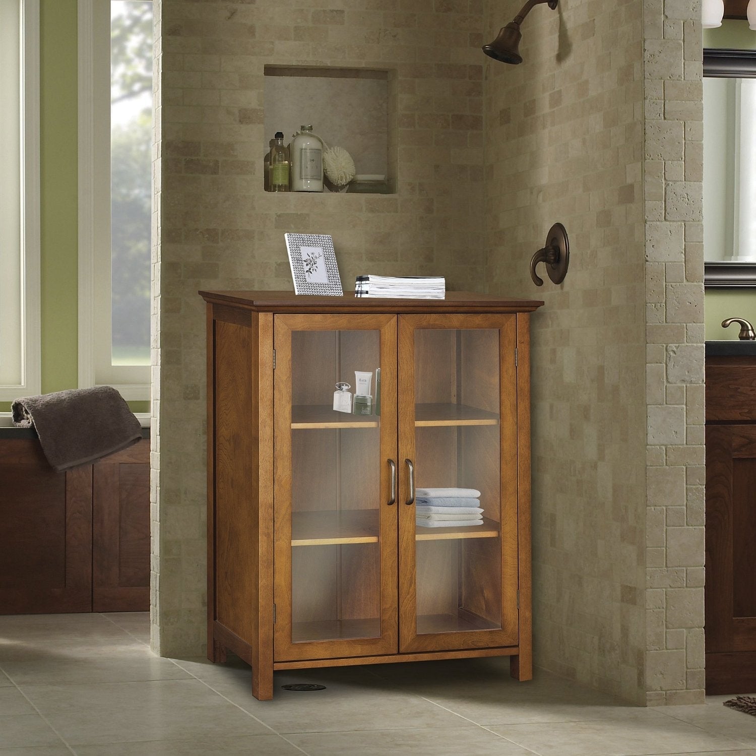 Oak Finish Bathroom Floor Cabinet with 2 Glass Doors & Storage Shelves-2