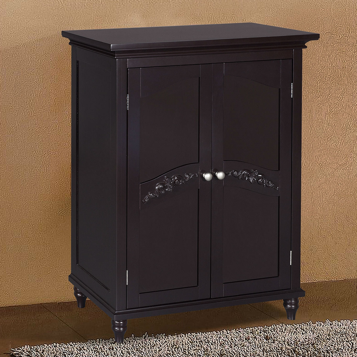 Dark Brown Espresso Wood Bathroom Floor Cabinet with Traditional Engraved Doors-2