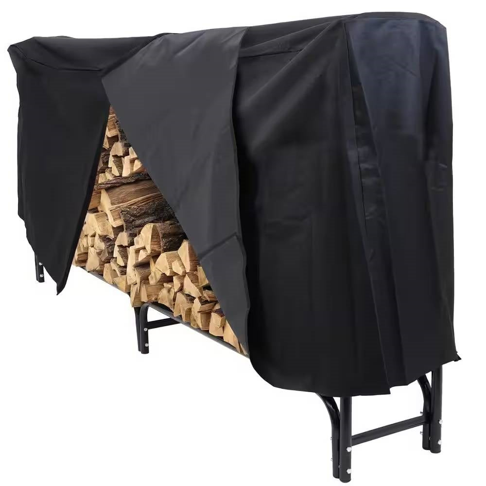 Indoor/Outdoor 8-ft. Black Metal Firewood Rack with Cover-0