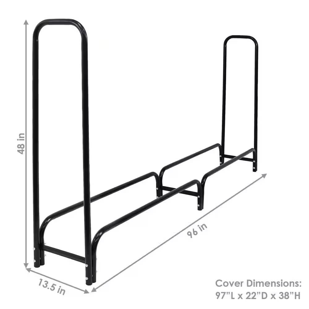 Indoor/Outdoor 8-ft. Black Metal Firewood Rack with Cover-4